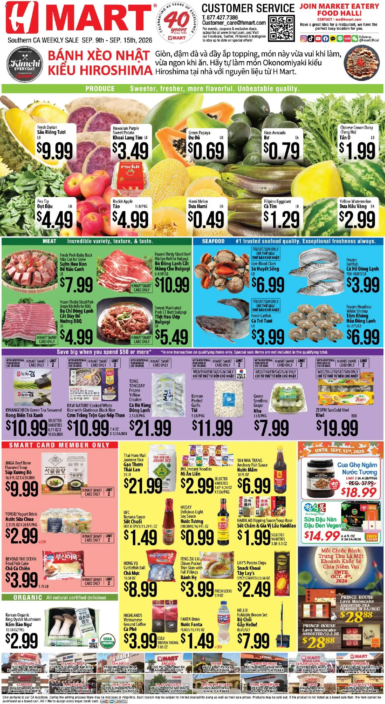 Hmart Weekly Ad - VIETNAMESE - CA - valid from 09/09/2026 | Page: 1 | Products: Noodles, Seafood, Pea, Melon
