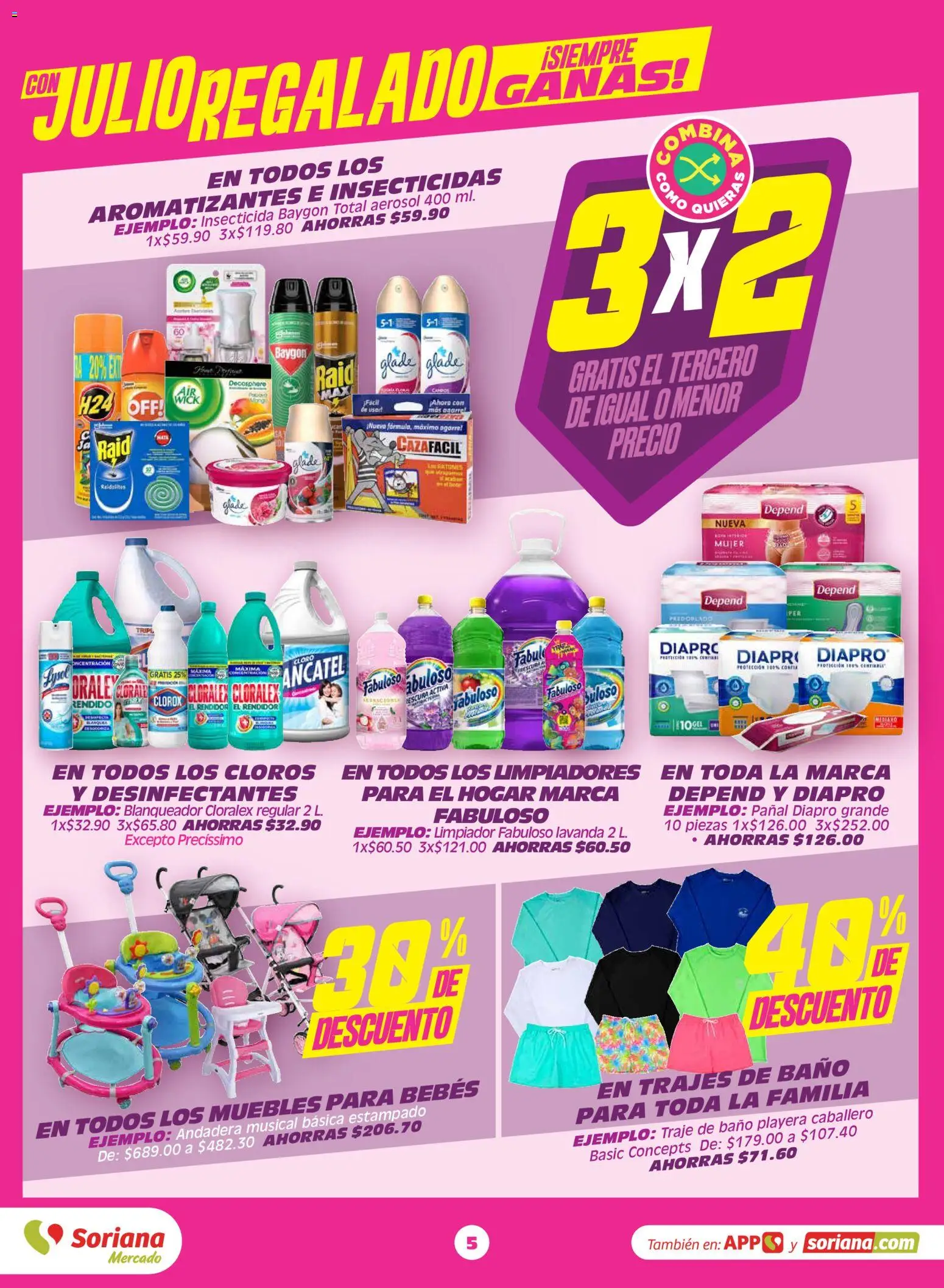 Nuevas ofertas de Soriana válidas en toda la República Mexicana desde el 29.05.2026. ¡Encuentra las mejores ofertas en Soriana Julio Regalado Mercado Nacional! | Página: 5 | Productos: Limpiador, Cloro, Insecticida, Traje de baño