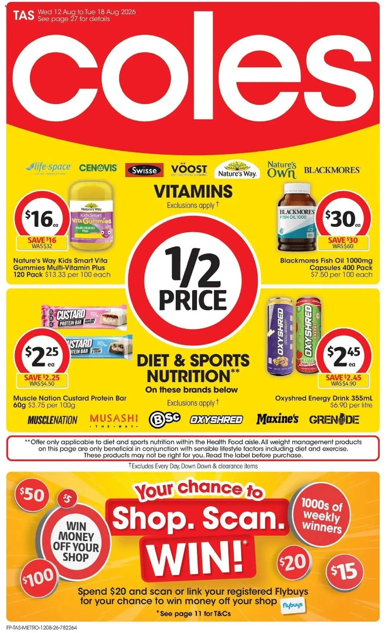 ﻿Coles catalogue valid from 12/08/2026 > Online Australia | Page: 1 | Products: Energy drink, Scrub, Fish, Multivitamin