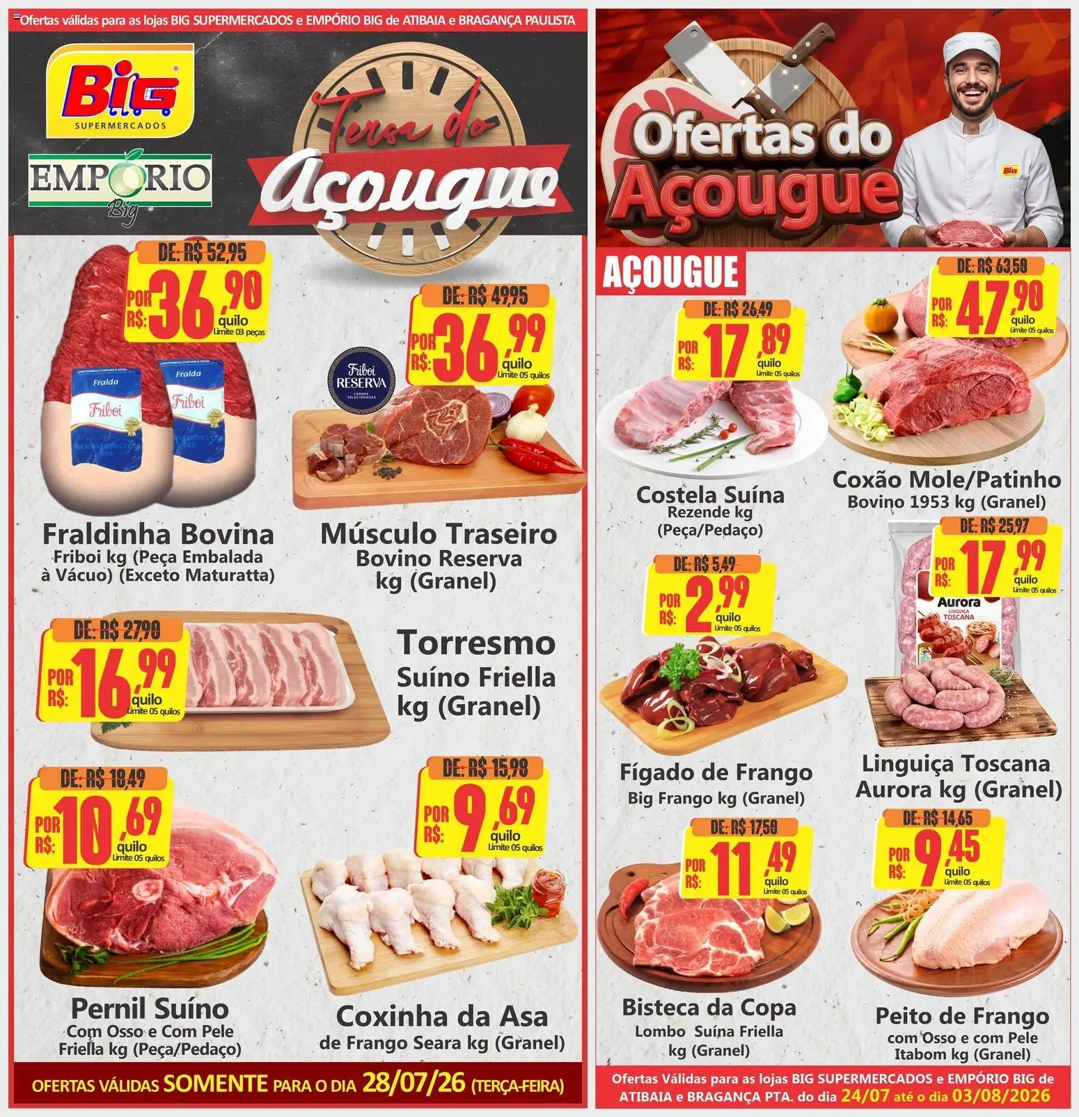 Big Supermercados Folheto - válido de 28/07/2026 | Página: 1 | Produtos: Linguiça, Pernil, Frango, Peito de frango