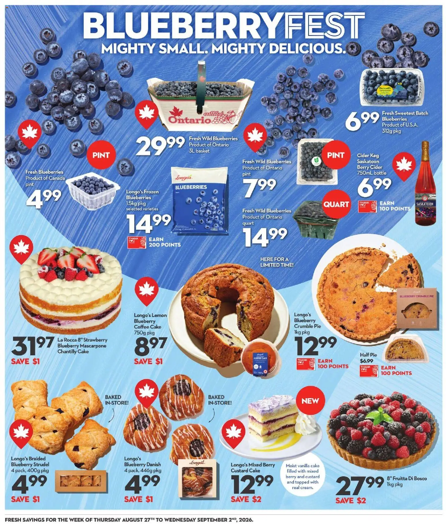 Longo's flyer valid from Aug 27, 2026 | Page: 6 | Products: Blueberries, Frozen blueberries, Mascarpone, Coffee