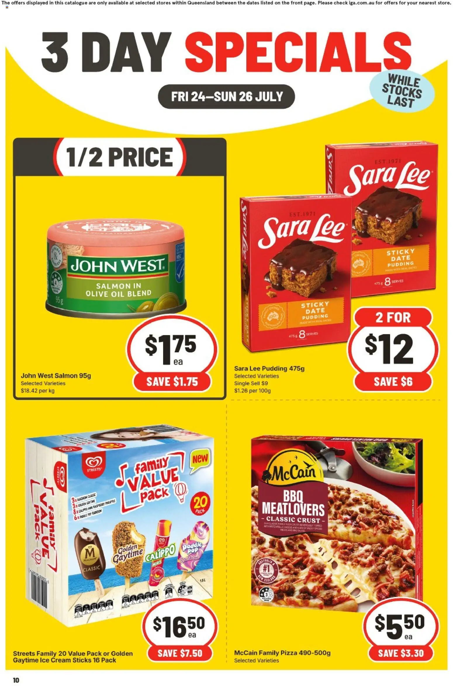 IGA catalogue - valid from 24/07/2026 | Page: 3 | Products: Olive oil, Pudding, Salmon, Date