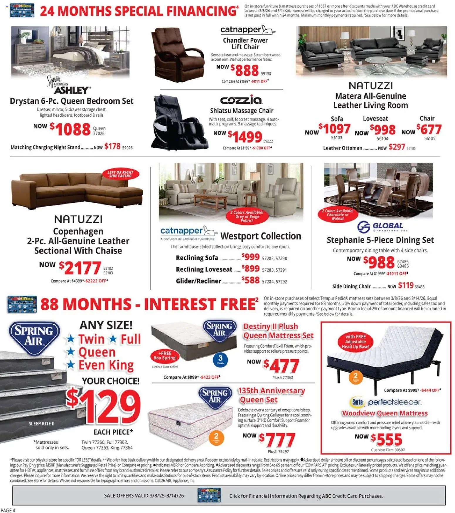 ABC Warehouse Weekly Ad - valid from 08.03.2026 | Page: 4 | Products: Bedroom set, Table, Chocolate, Loveseat
