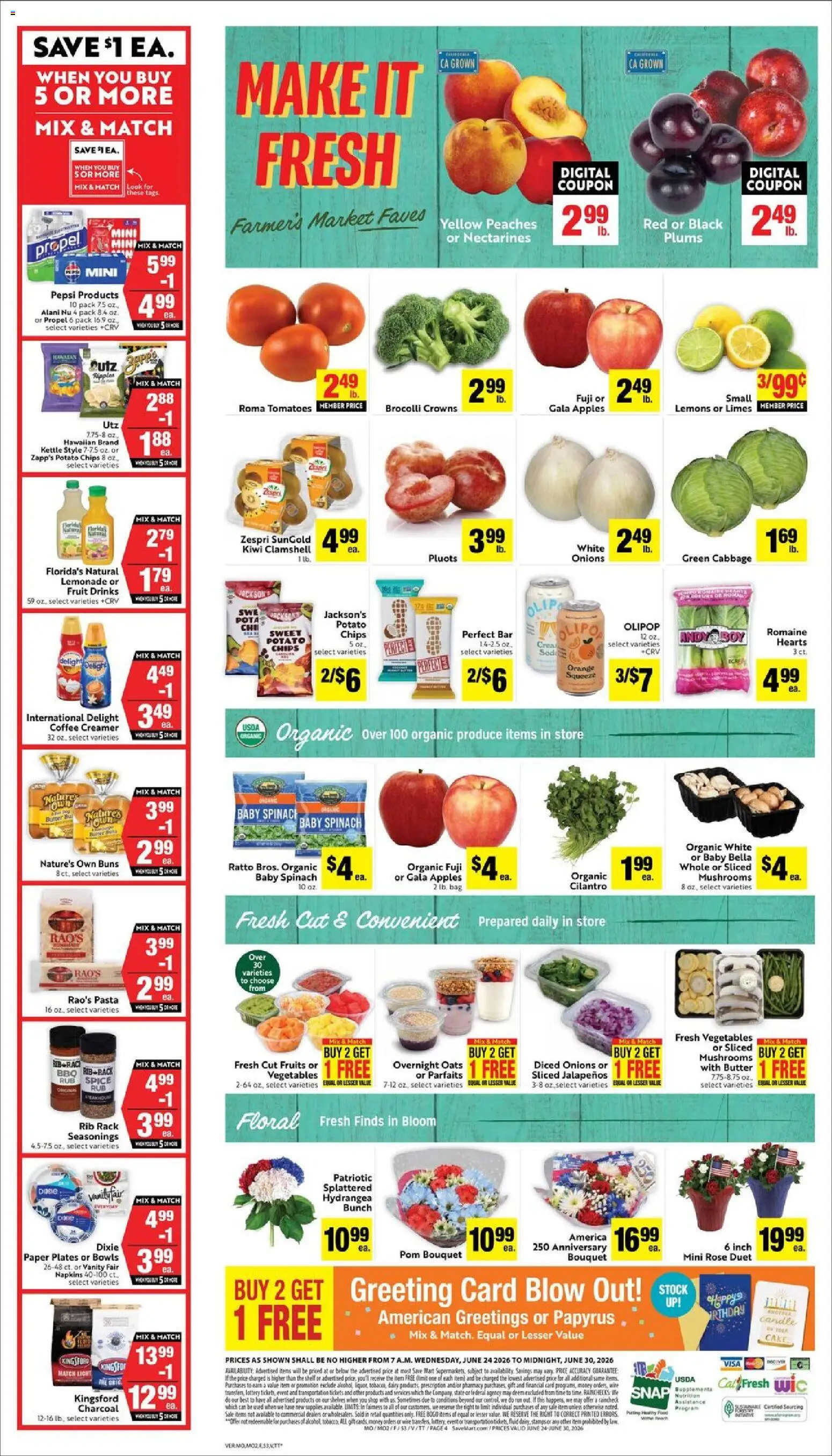 Save Mart Weekly Ad - valid from 06/24/2026 | Page: 4 | Products: Romaine, Spinach, Crowns, Cabbage