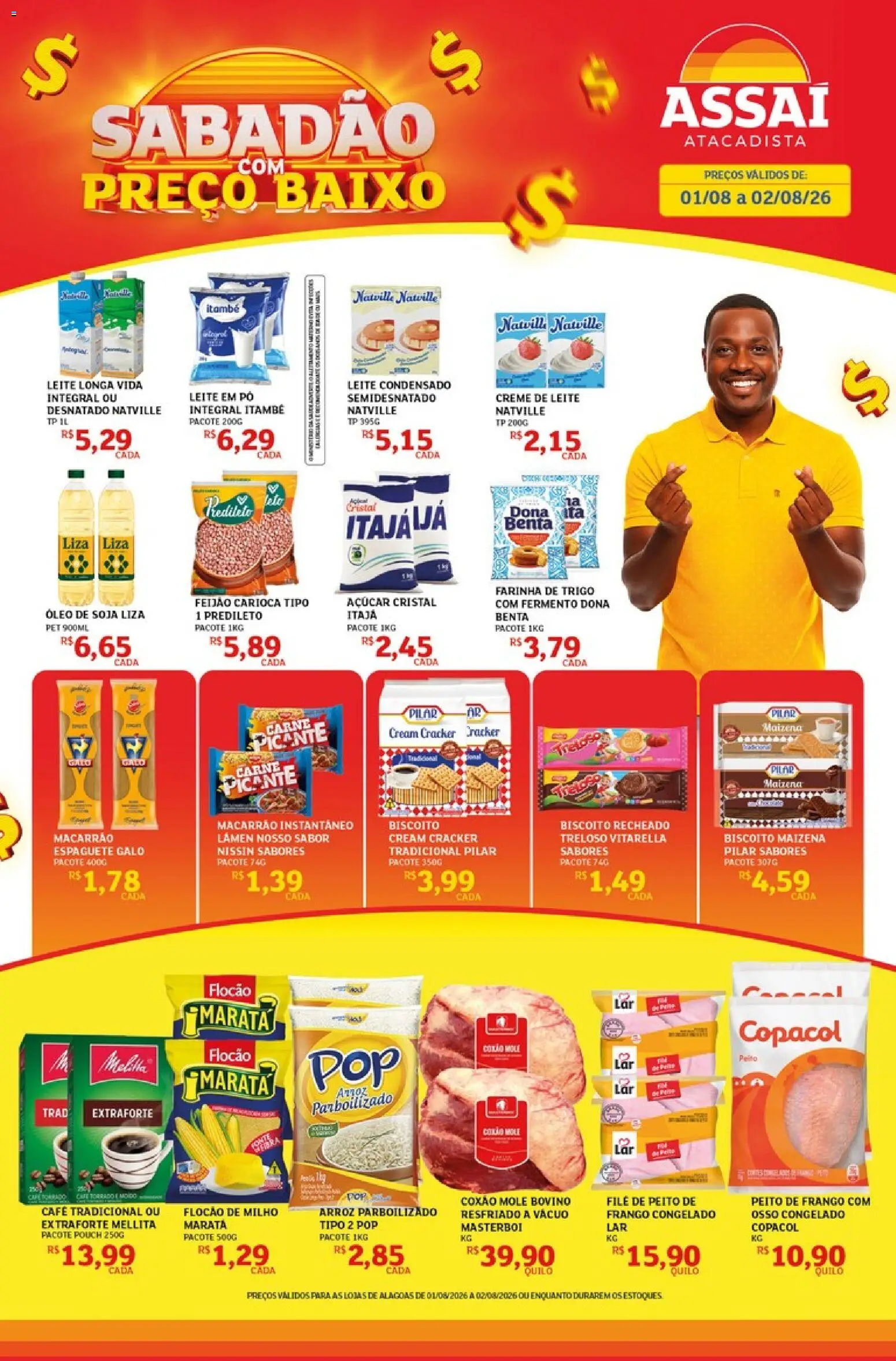 Assaí Atacadista Folheto - válido de 01/08/2026 | Página: 1 | Produtos: Pó, Macarrão, Creme de leite, Soja