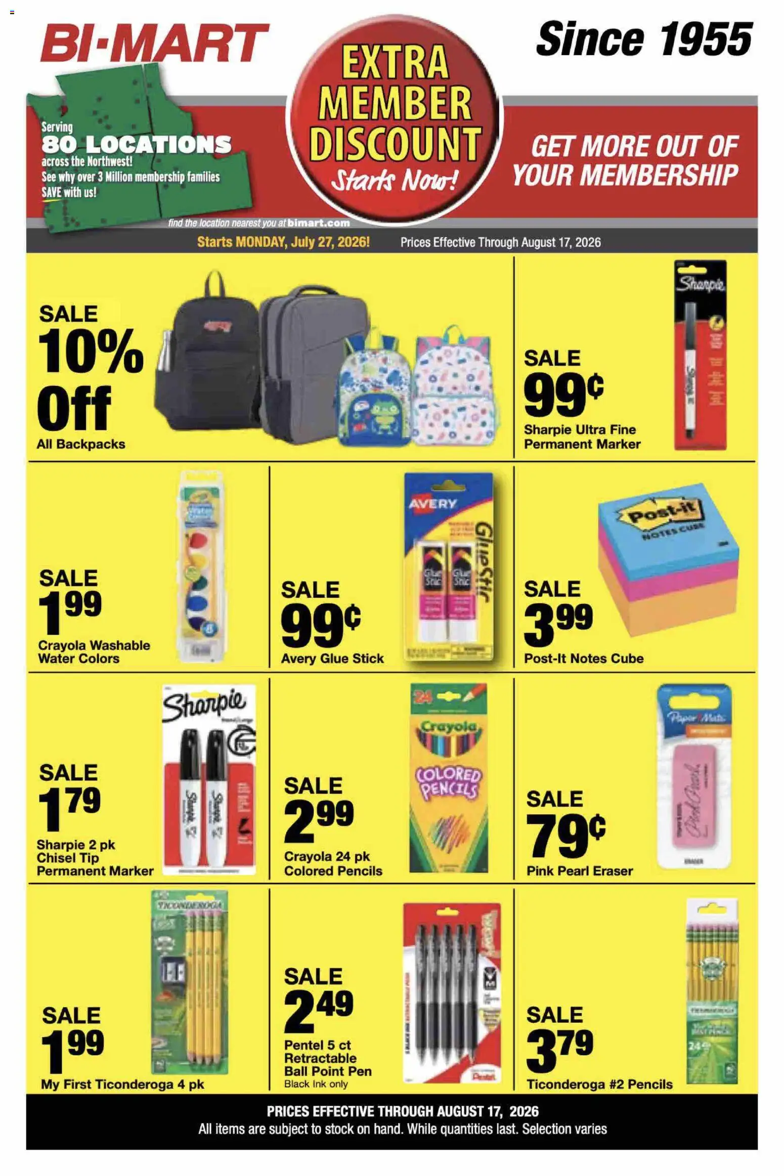 Bi-Mart Extra Member Discount - valid from 07/27/2026 | Page: 4 | Products: Eraser, Pen, Chisel, Water