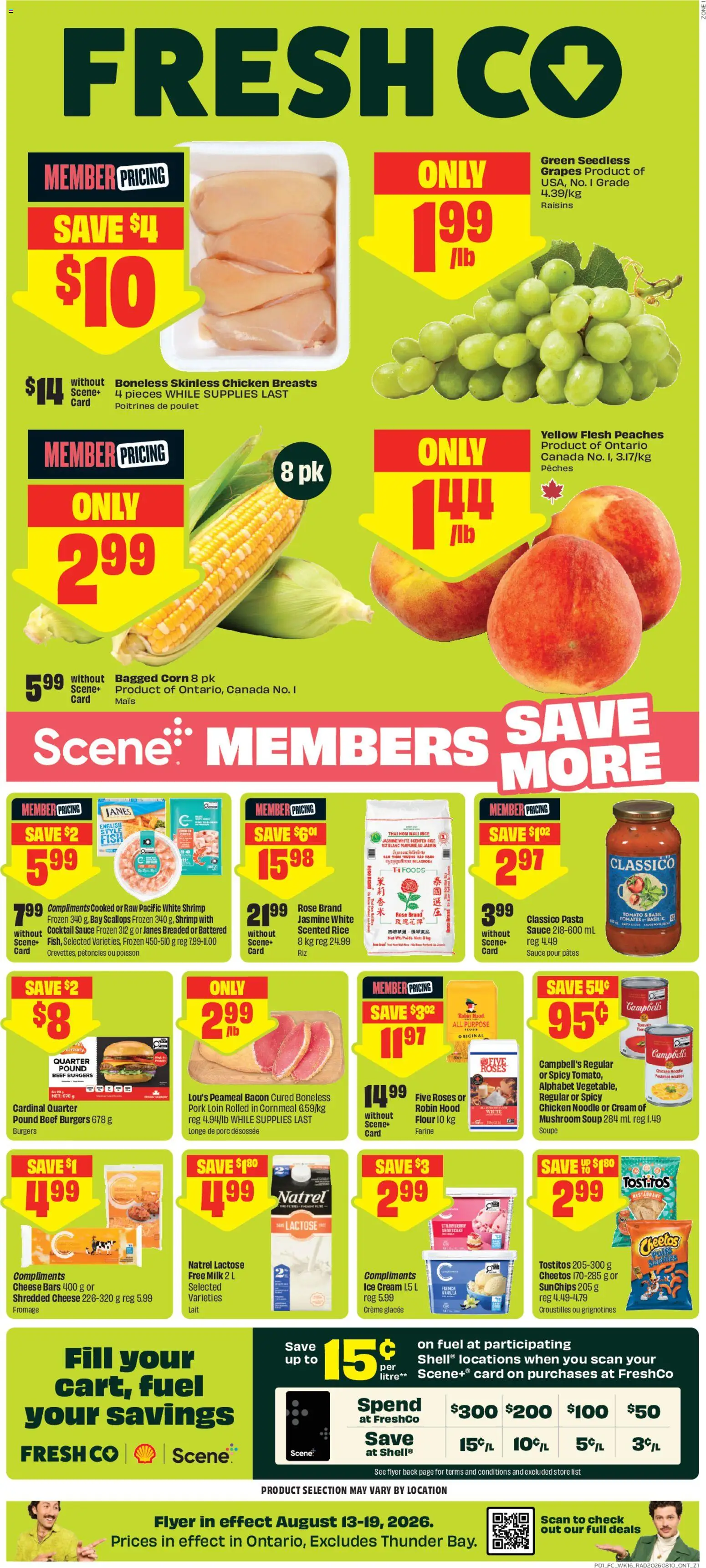 FreshCo flyer valid from Aug 13, 2026 | Page: 1 | Products: Fish, Chicken breasts, Burgers, Cheese