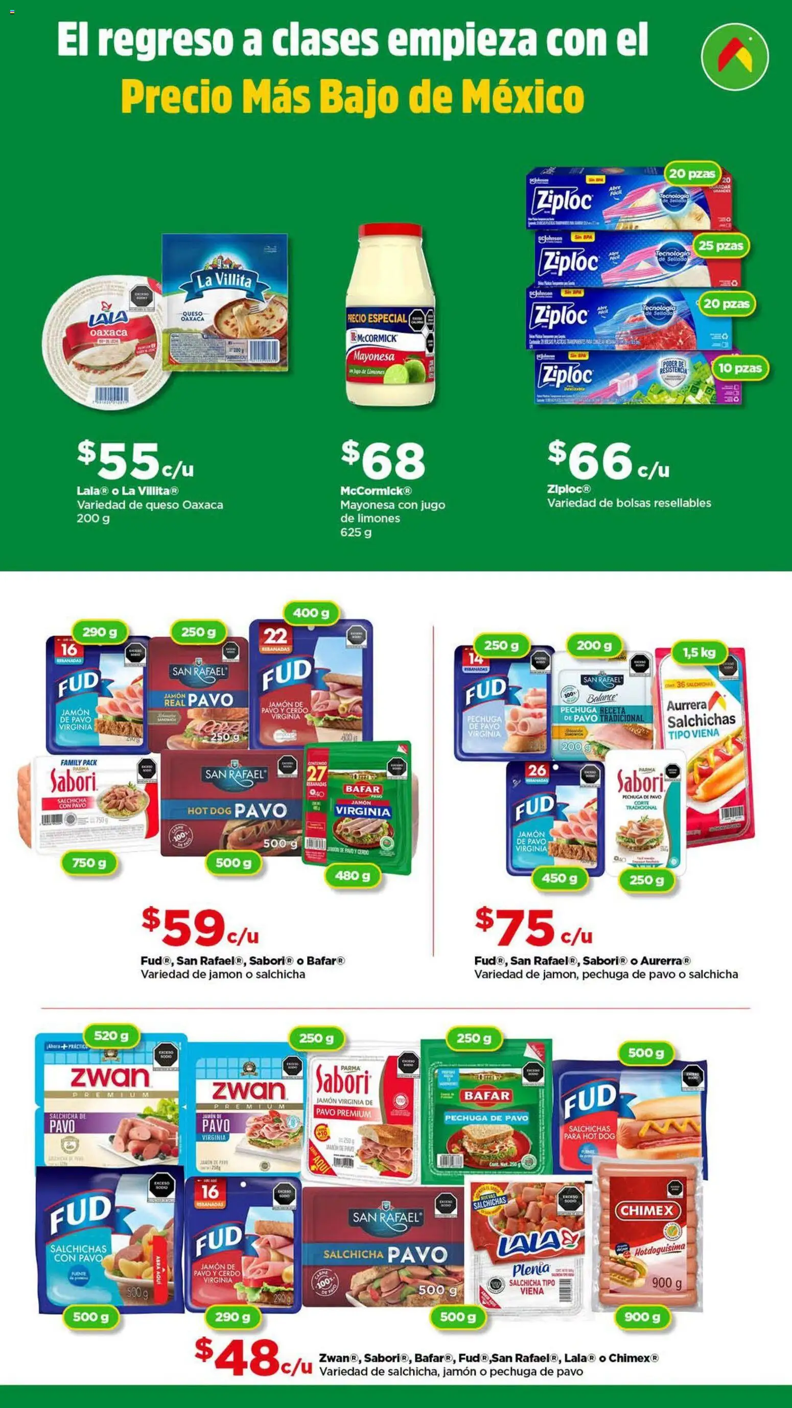 Nuevas ofertas de Bodega Aurrerá válidas en toda la República Mexicana desde el 07/08/2026. ¡Encuentra las mejores ofertas en Bodega Aurrerá folleto Llena tu lonchera! | Página: 5 | Productos: Salchicha, Queso, Jamón, Salchichas