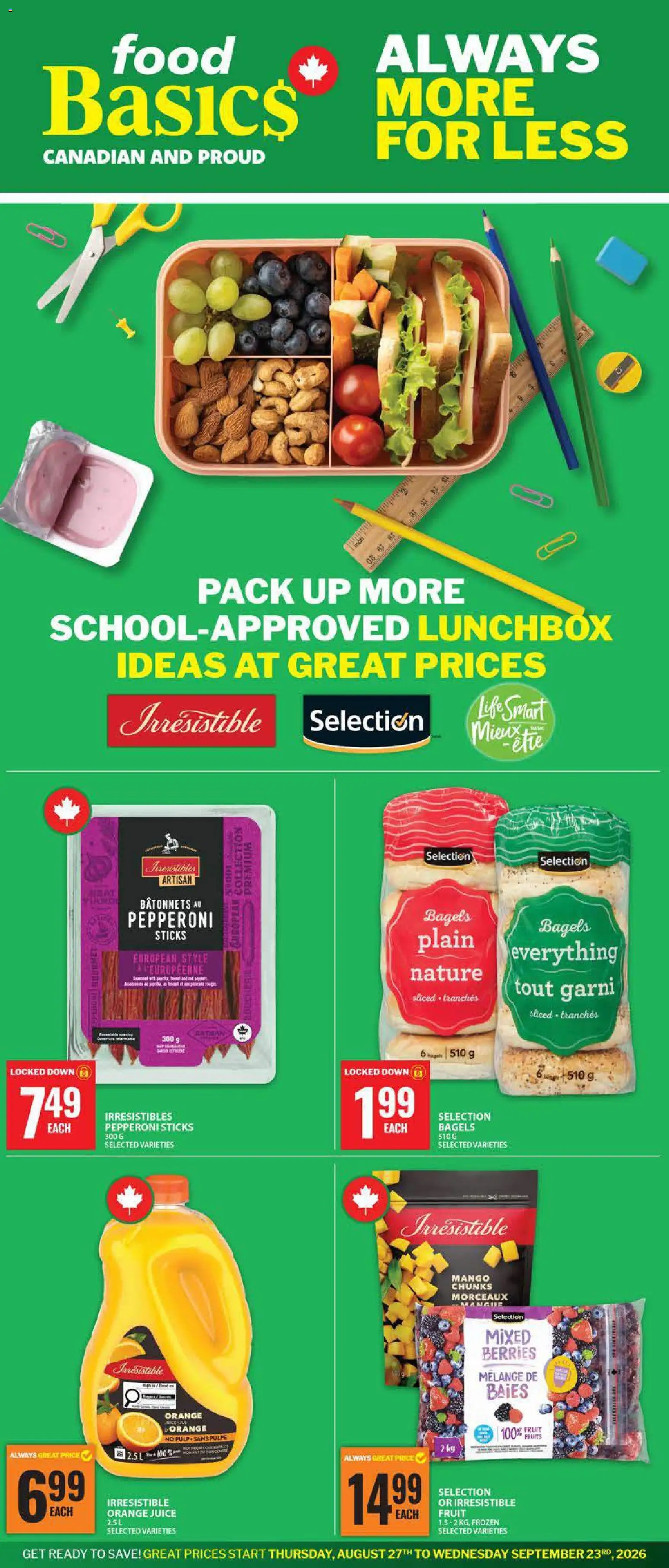 Food Basics flyer valid from Aug 27, 2026 | Page: 1 | Products: Fruit, Mango, Orange juice, Juice