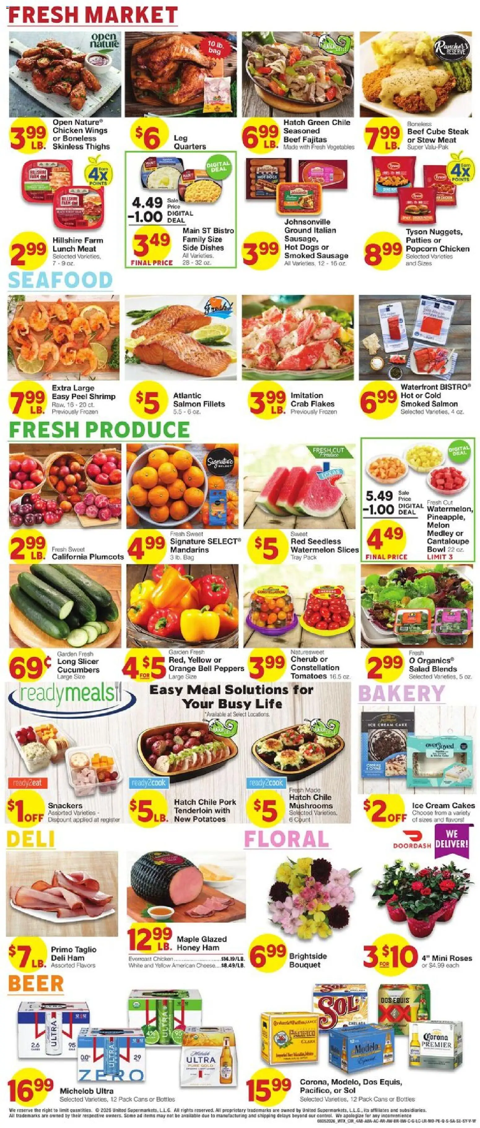 United Supermarkets Weekly Ad - valid from 08/05/2026 | Page: 4 | Products: Bakery, Ham, Tomatoes, Flakes