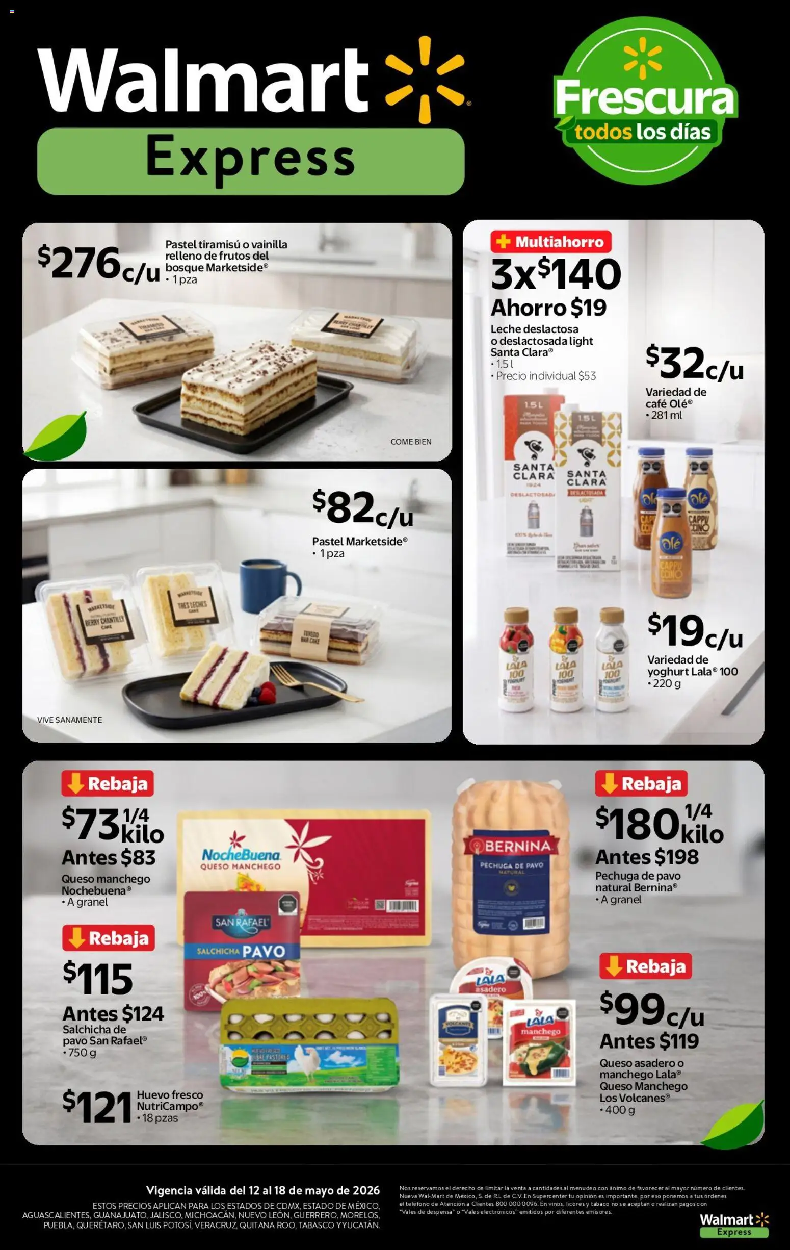 Nuevas ofertas de Walmart Express válidas en toda la República Mexicana desde el 12.05.2026. ¡Encuentra las mejores ofertas en Walmart Express folleto Calidad a precios bajos! | Página: 3 | Productos: Salchicha, Huevo, Queso, Pastel