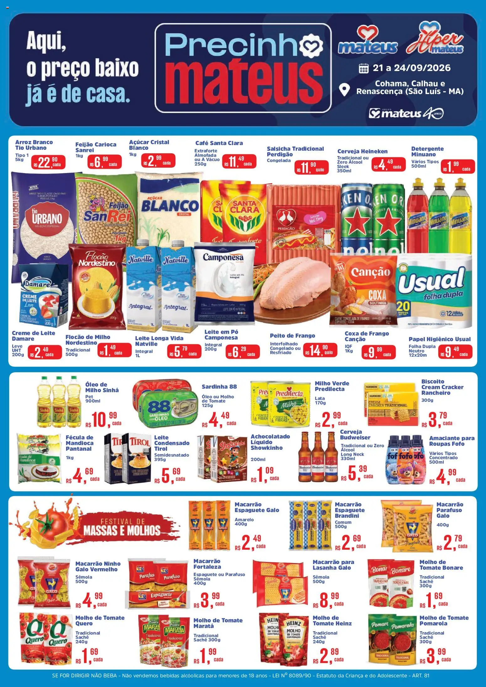 Mateus Folheto - válido de 21/09/2026 | Página: 1 | Produtos: Achocolatado, Salsicha, Coxa de frango, Café