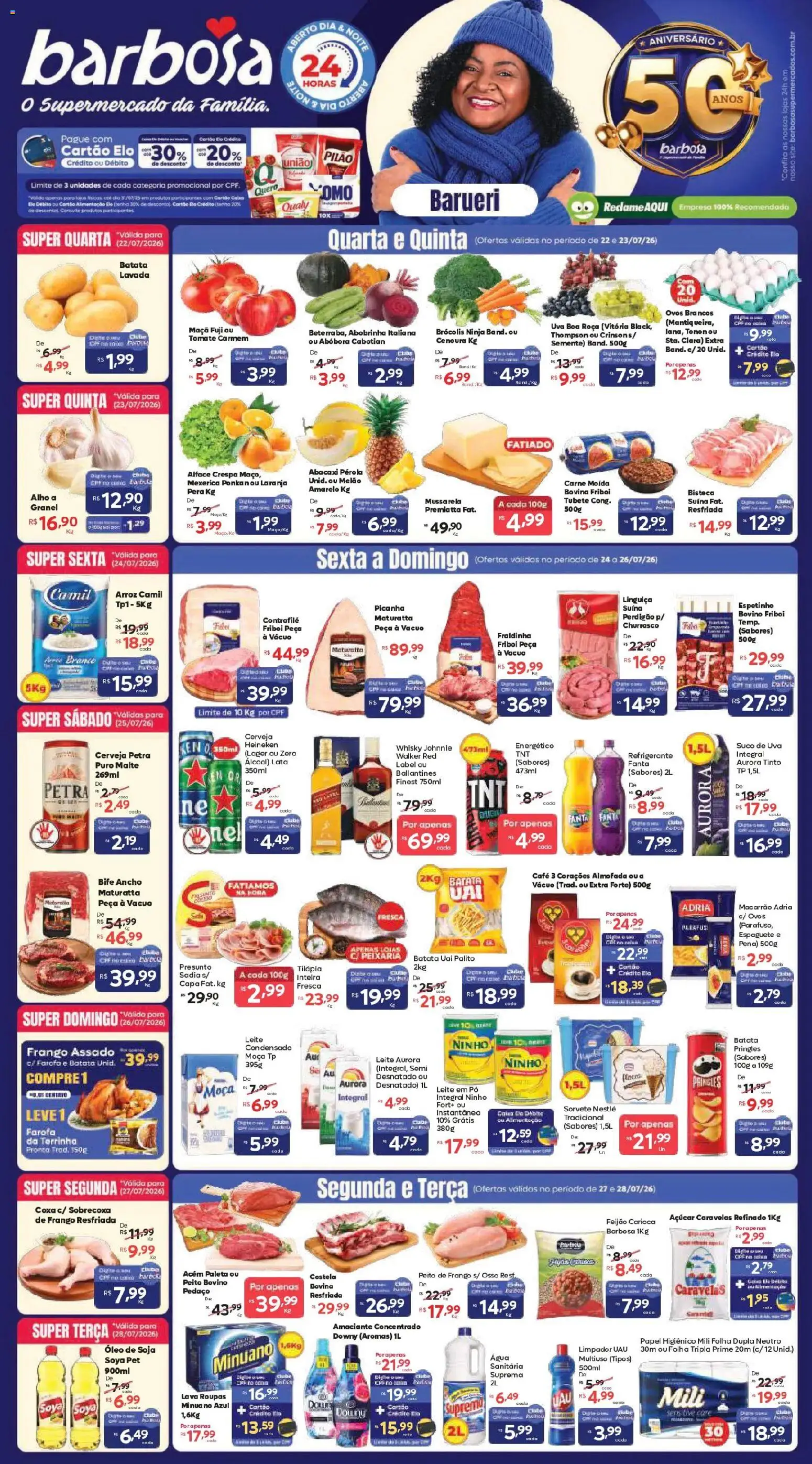 Barbosa Supermercados Folheto - válido de 22/07/2026 | Página: 1 | Produtos: Whisky, Batata, Farofa, Papel higiênico