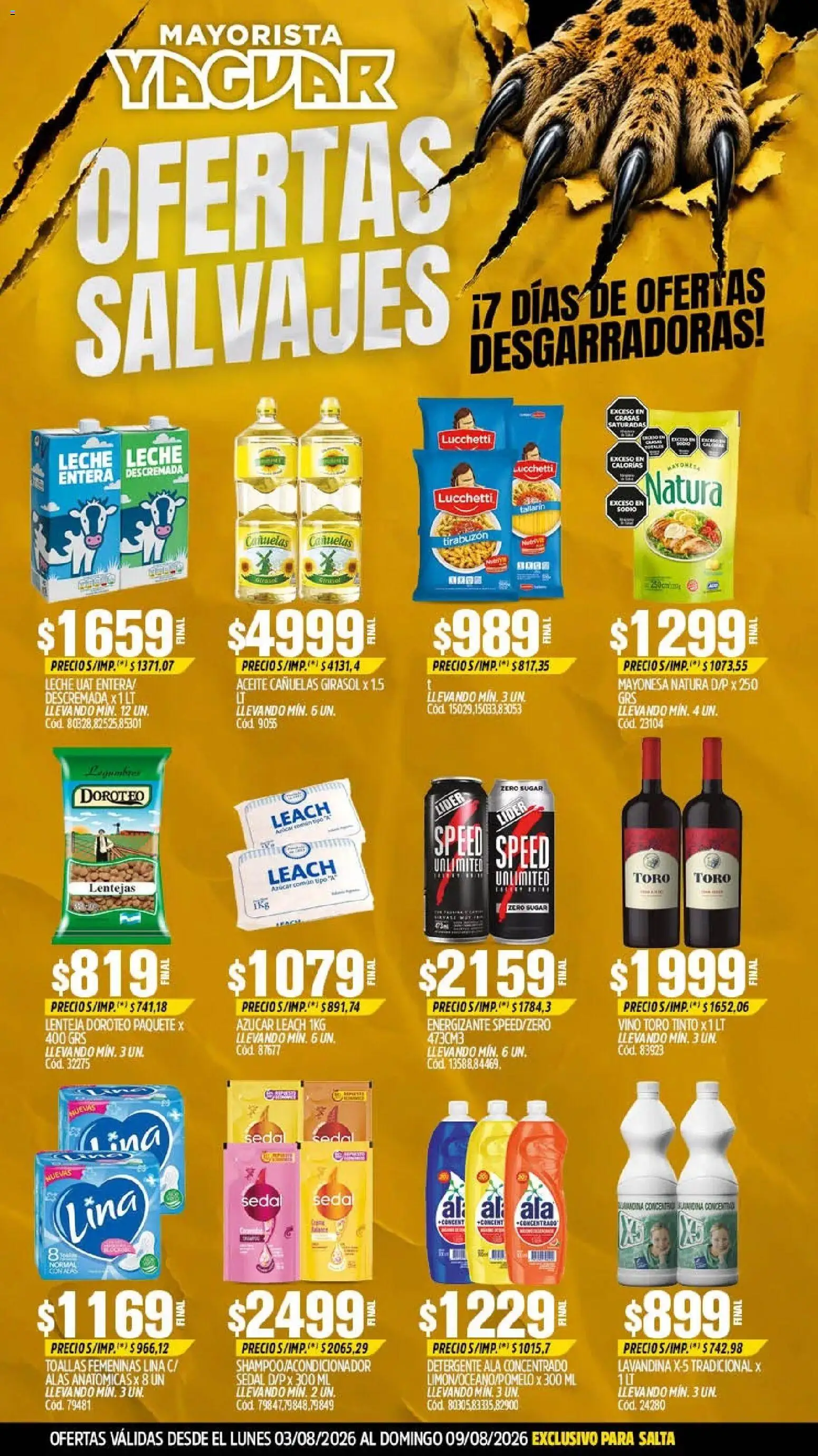 Yaguar - Oferta Semanal Salta │ válido desde el 03/08/2026 | Página: 1 | Productos: Lavandina, Aceite, Detergente, Vino