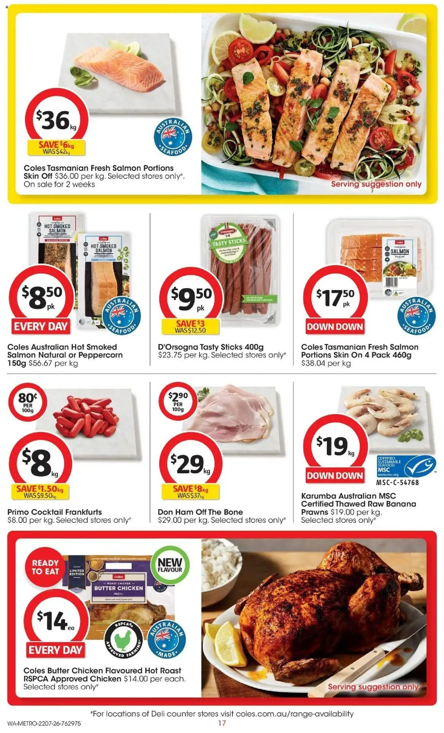 Coles catalogue - valid from 22/07/2026 | Page: 17 | Products: Chicken, Prawns, Salmon, Sustainable