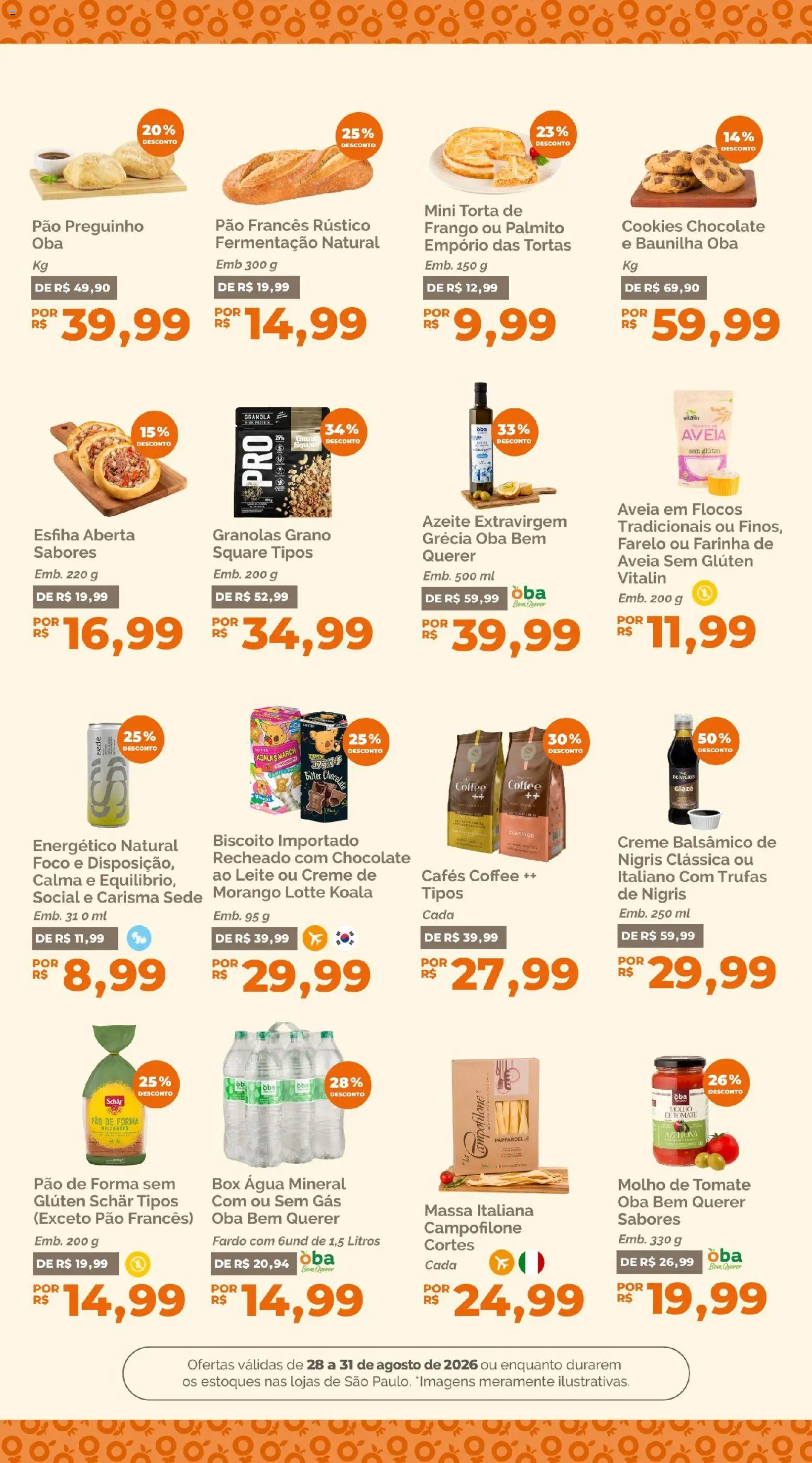 Oba Hortifruti Folheto - válido de 28/08/2026 | Página: 8 | Produtos: Biscoito, Pão, Flocos, Água mineral