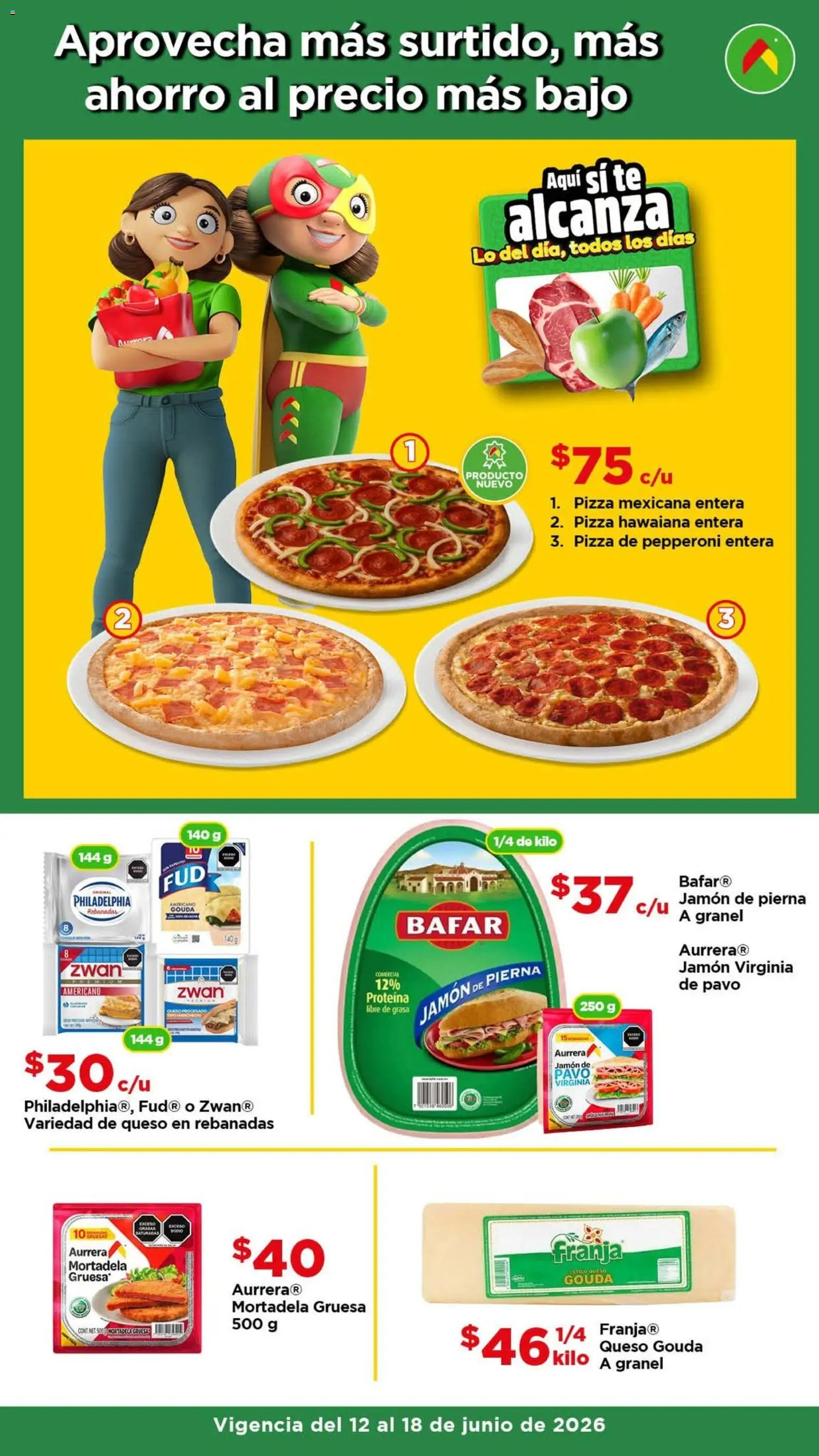 Nuevas ofertas de Bodega Aurrerá válidas en toda la República Mexicana desde el 12.06.2026. ¡Encuentra las mejores ofertas en Bodega Aurrerá folleto Date un gusto sin gastar de más! | Página: 4 | Productos: Queso, Jamón, Pizza, Té