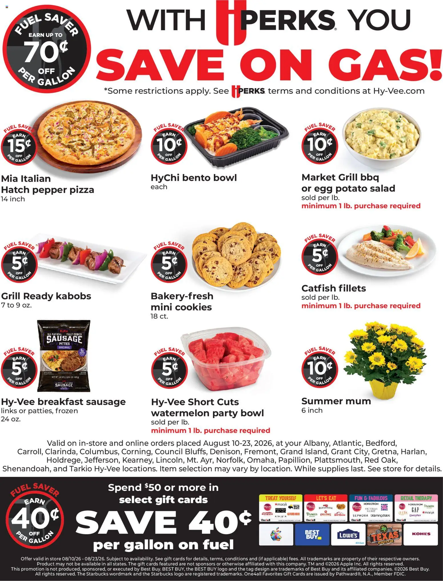 HyVee More Fuel Saver - valid from 08/12/2026 | Page: 1 | Products: Pizza, Salad, Pepper, Watermelon