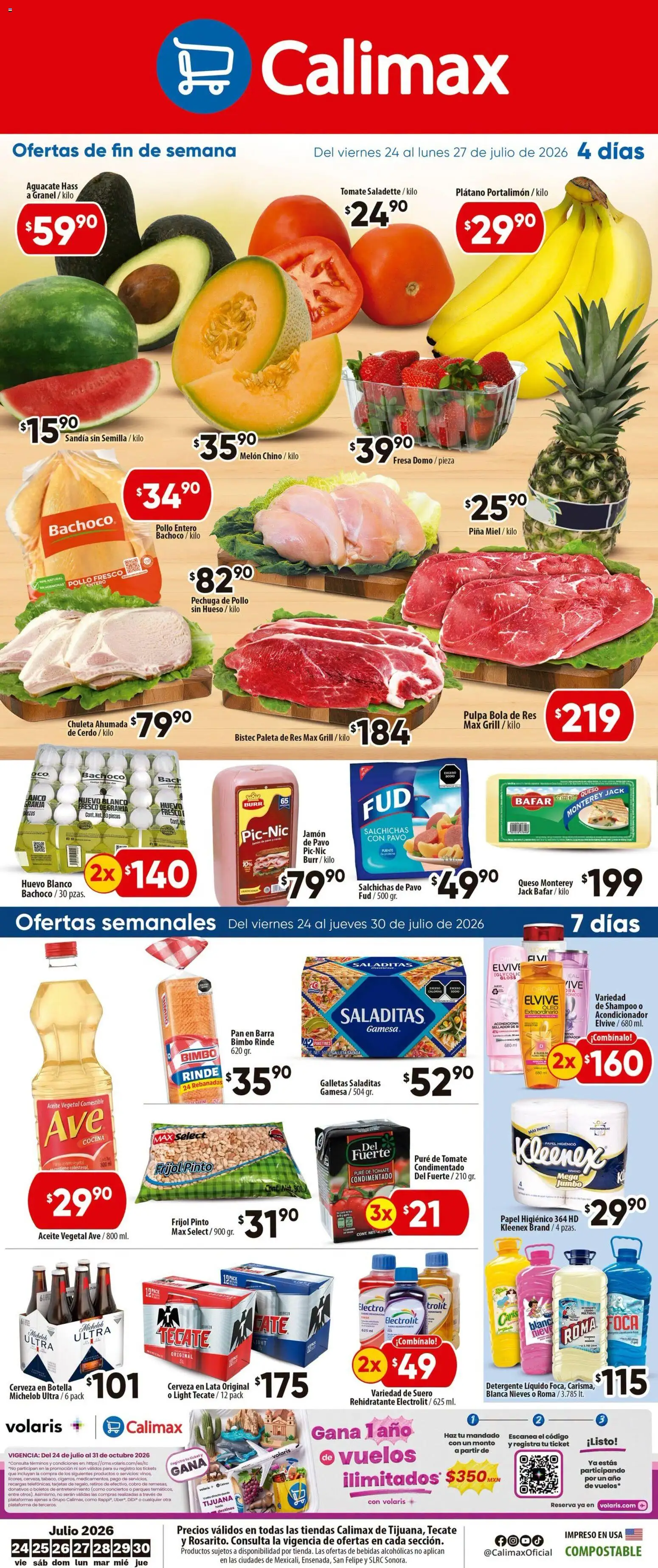 Nuevas ofertas de Calimax válidas en toda la República Mexicana desde el 24/07/2026. ¡Encuentra las mejores ofertas en Calimax folleto Tijuana! | Página: 1 | Productos: Cerveza, Pure de Tomate, Res, Papel higiénico