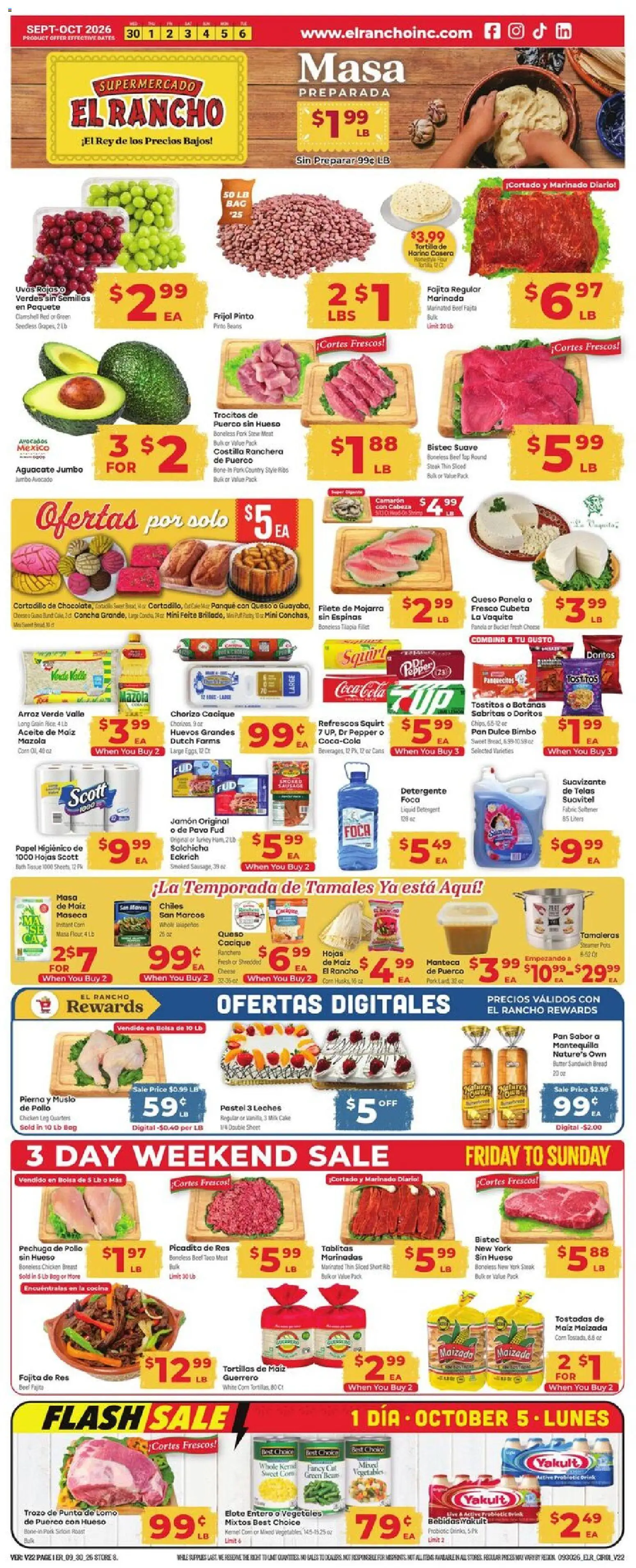El Rancho Weekly Ad - valid from 09/30/2026 | Page: 1 | Products: Chicken, Rice, Pepper, Cake