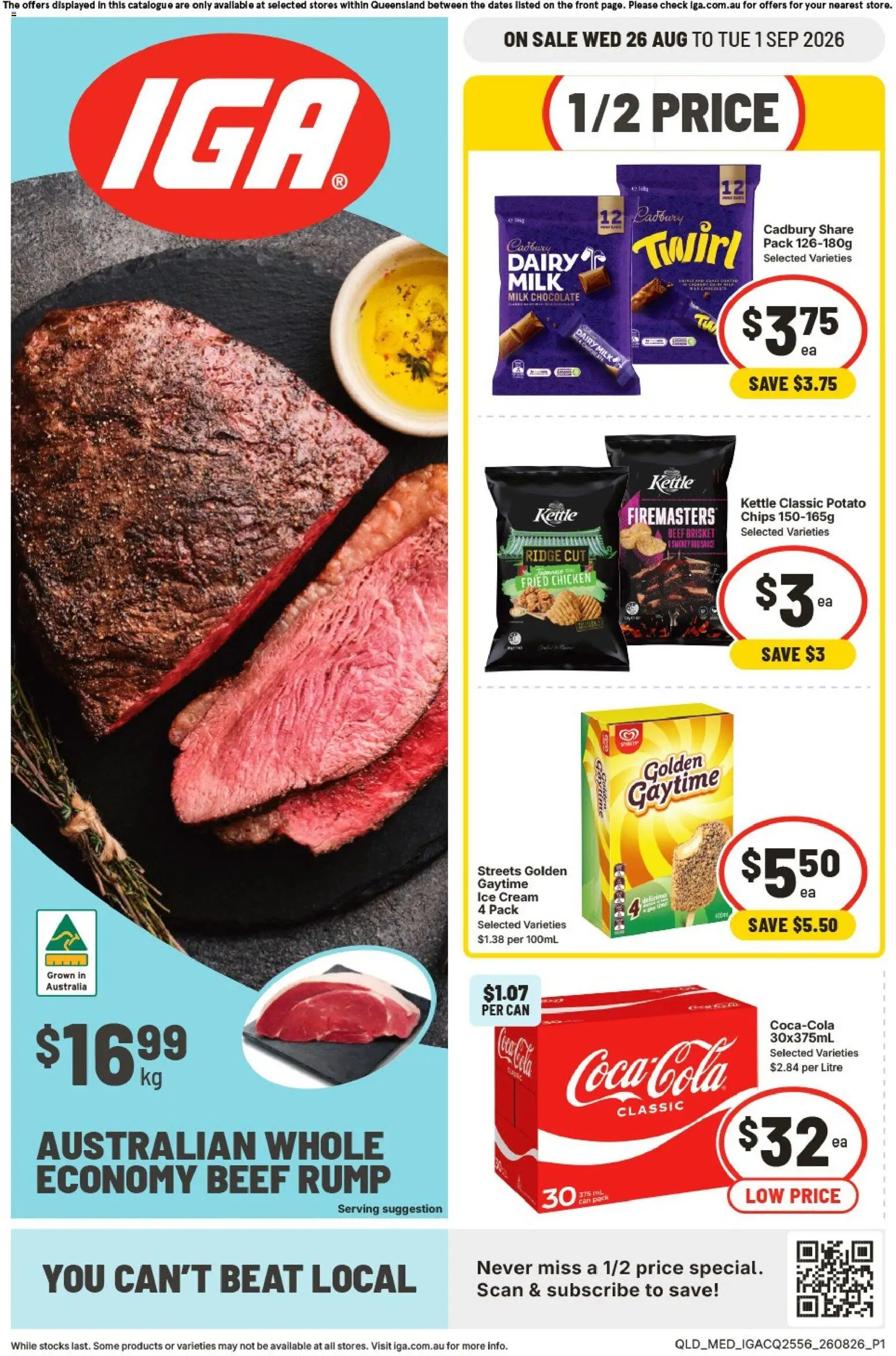 IGA catalogue - valid from 26/08/2026 | Page: 1 | Products: Milk, Chocolate, Beef, Ice cream