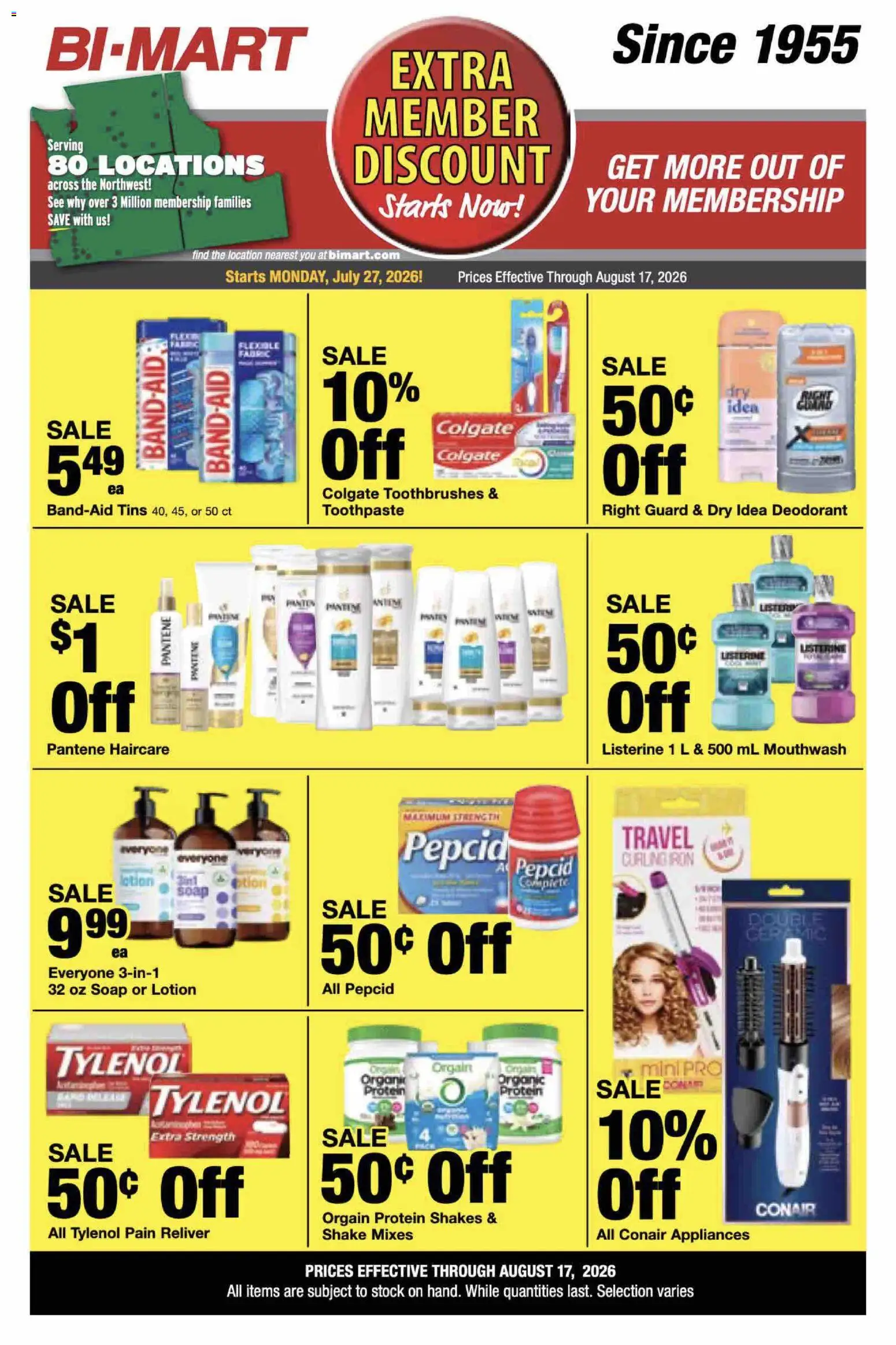 Bi-Mart Extra Member Discount - valid from 07/27/2026 | Page: 16 | Products: Soap, Deodorant, Mouthwash, Iron