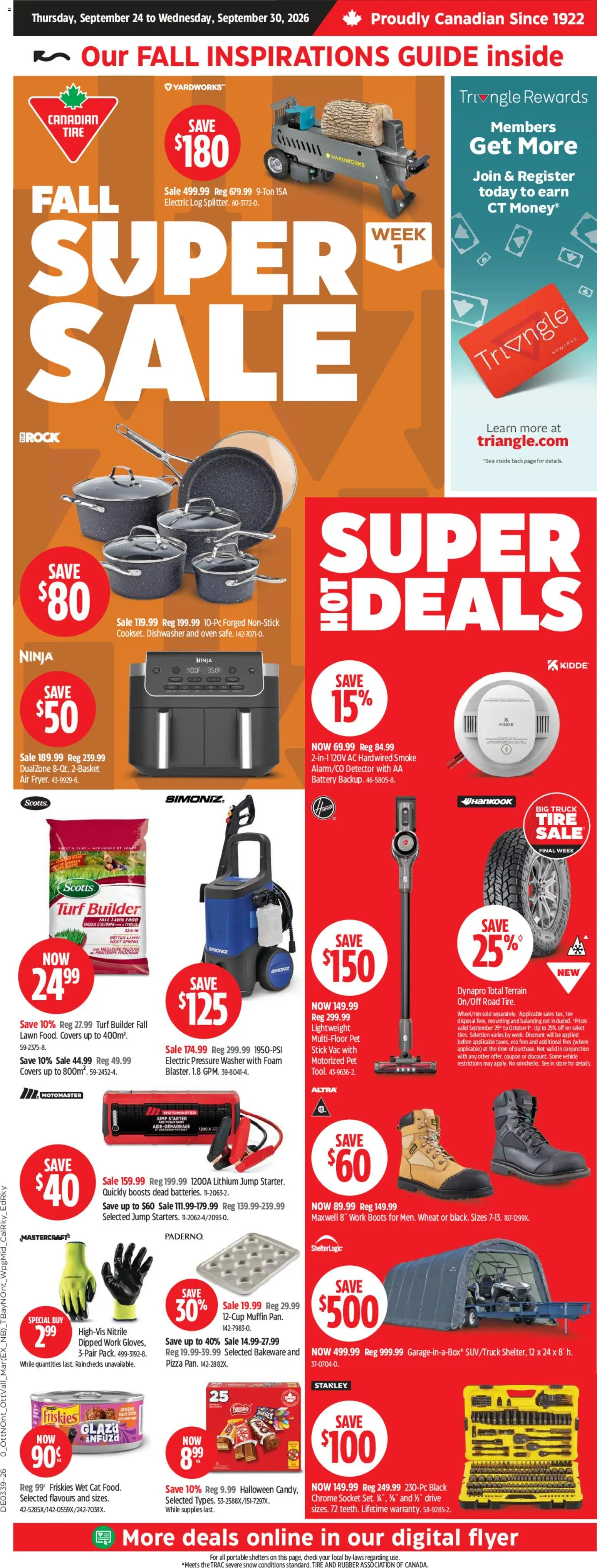 Canadian Tire flyer valid from Sep 24, 2026 | Page: 1 | Products: Boots, Dishwasher, Foam, Pizza