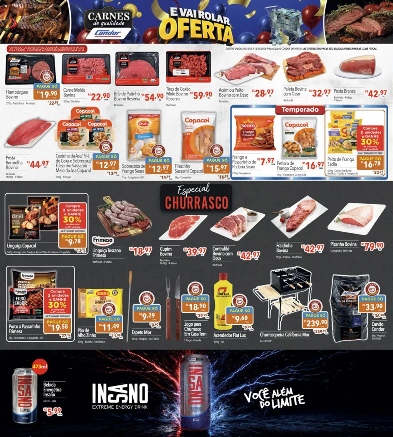 Supermercados Condor Folheto - válido de 25/09/2026 | Página: 16 | Produtos: Linguiça, Fraldinha, Bebida, Churrasqueira