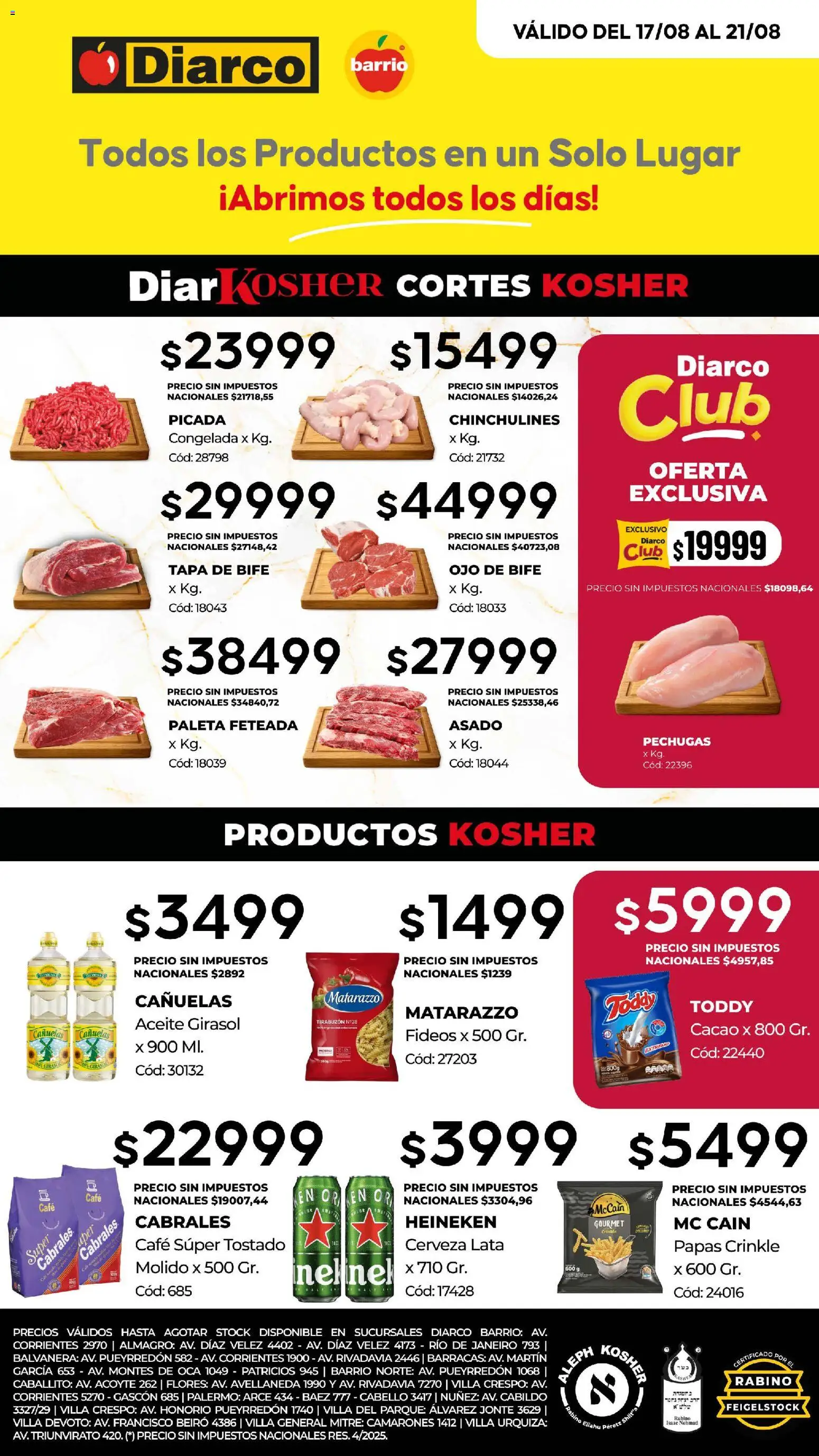 Diarco - Ofertas Kosher │ válido desde el 17/08/2026 | Página: 1 | Productos: Heineken, Paleta, Fideos, Cacao