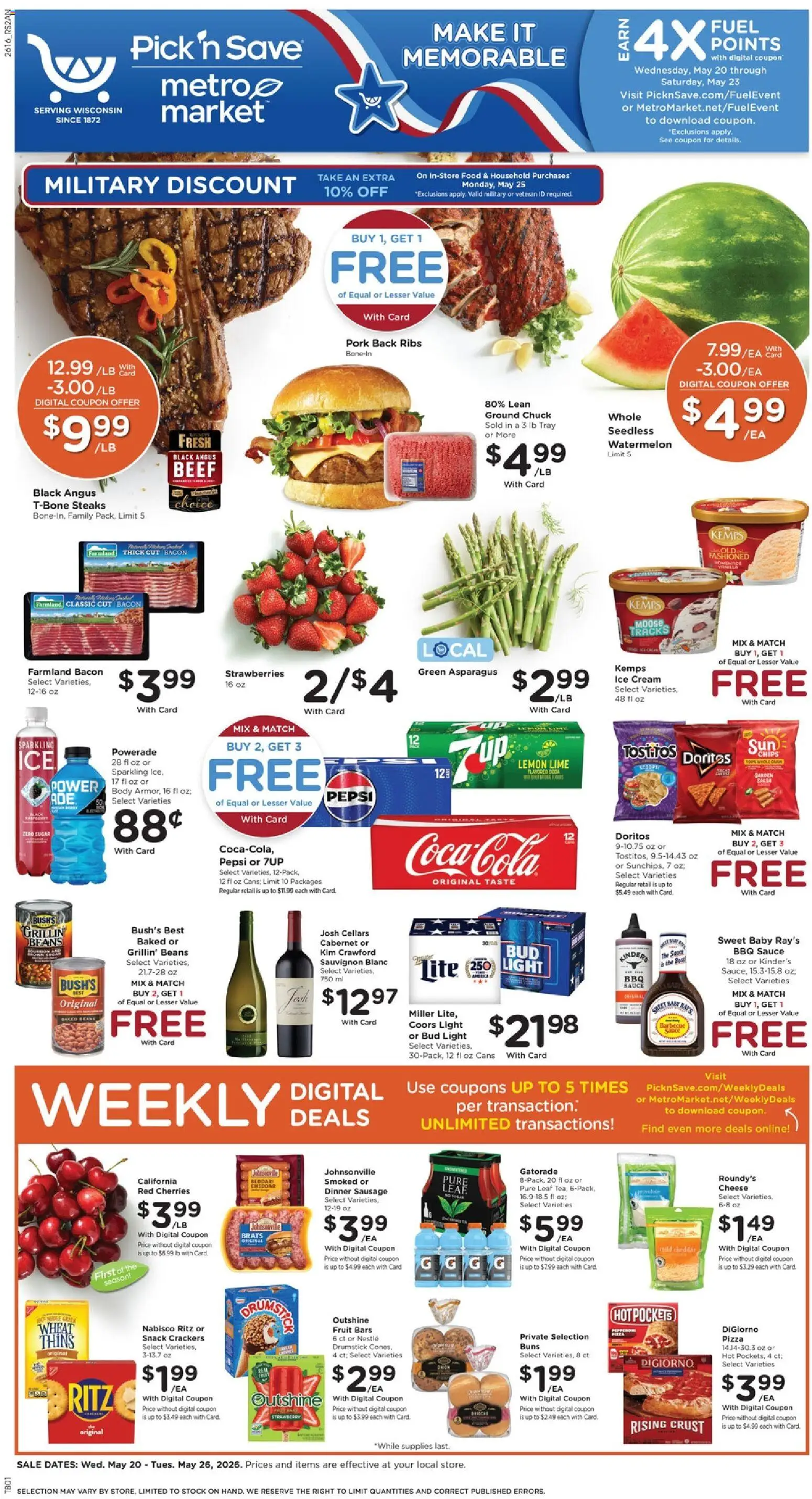 Pick ‘n Save Weekly Ad - valid from 20.05.2026 | Page: 1 | Products: Cherries, Pork, Cream, Watermelon