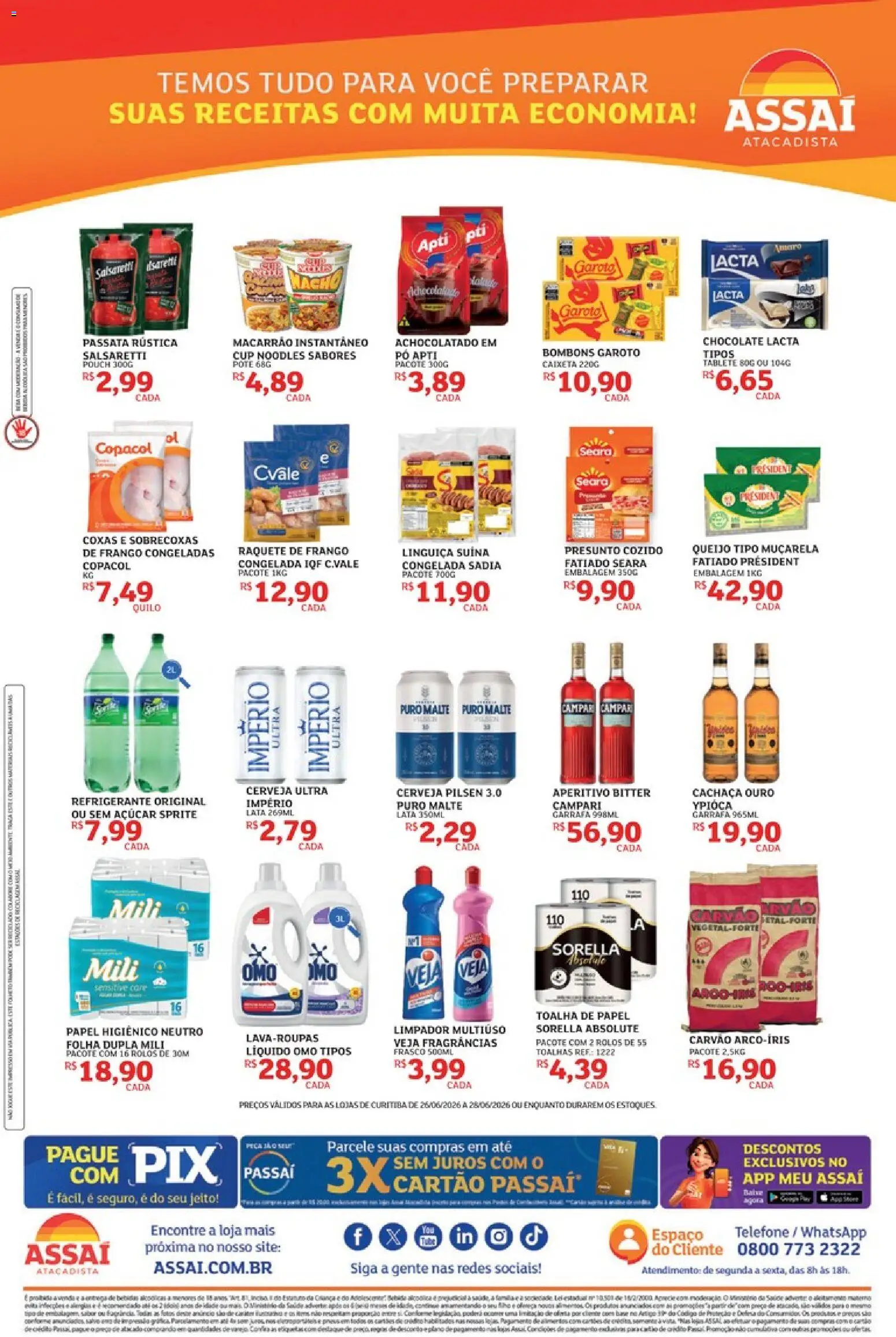 Assaí Atacadista Folheto - válido de 26/06/2026 | Página: 2 | Produtos: Chocolate, Presunto, Macarrão instantâneo, Campari