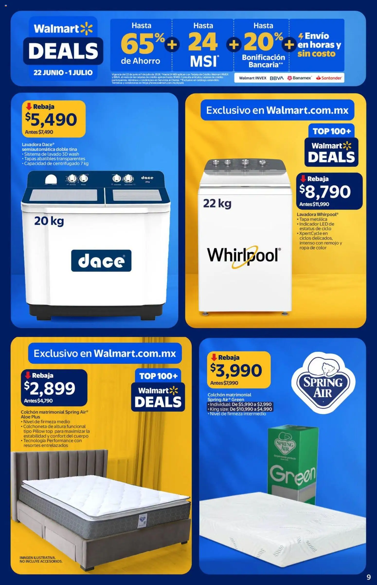 Nuevas ofertas de Walmart válidas en toda la República Mexicana desde el 22/06/2026. ¡Encuentra las mejores ofertas en Walmart folleto Deals! | Página: 9 | Productos: Colchoneta, Ropa, Colchón, Top