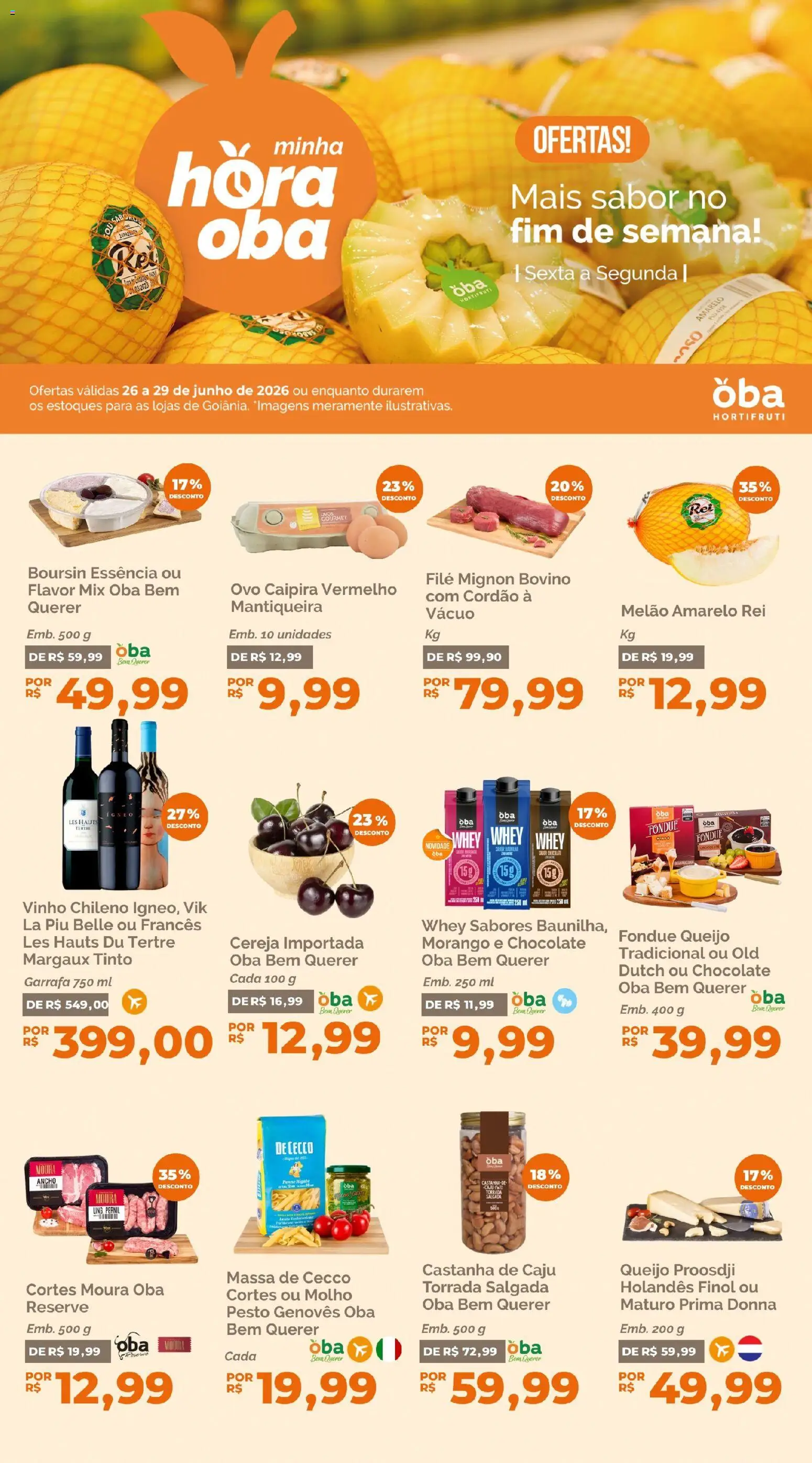 Oba Hortifruti Folheto - válido de 26/06/2026 | Página: 1 | Produtos: Caju, Melão, Filé mignon, Queijo