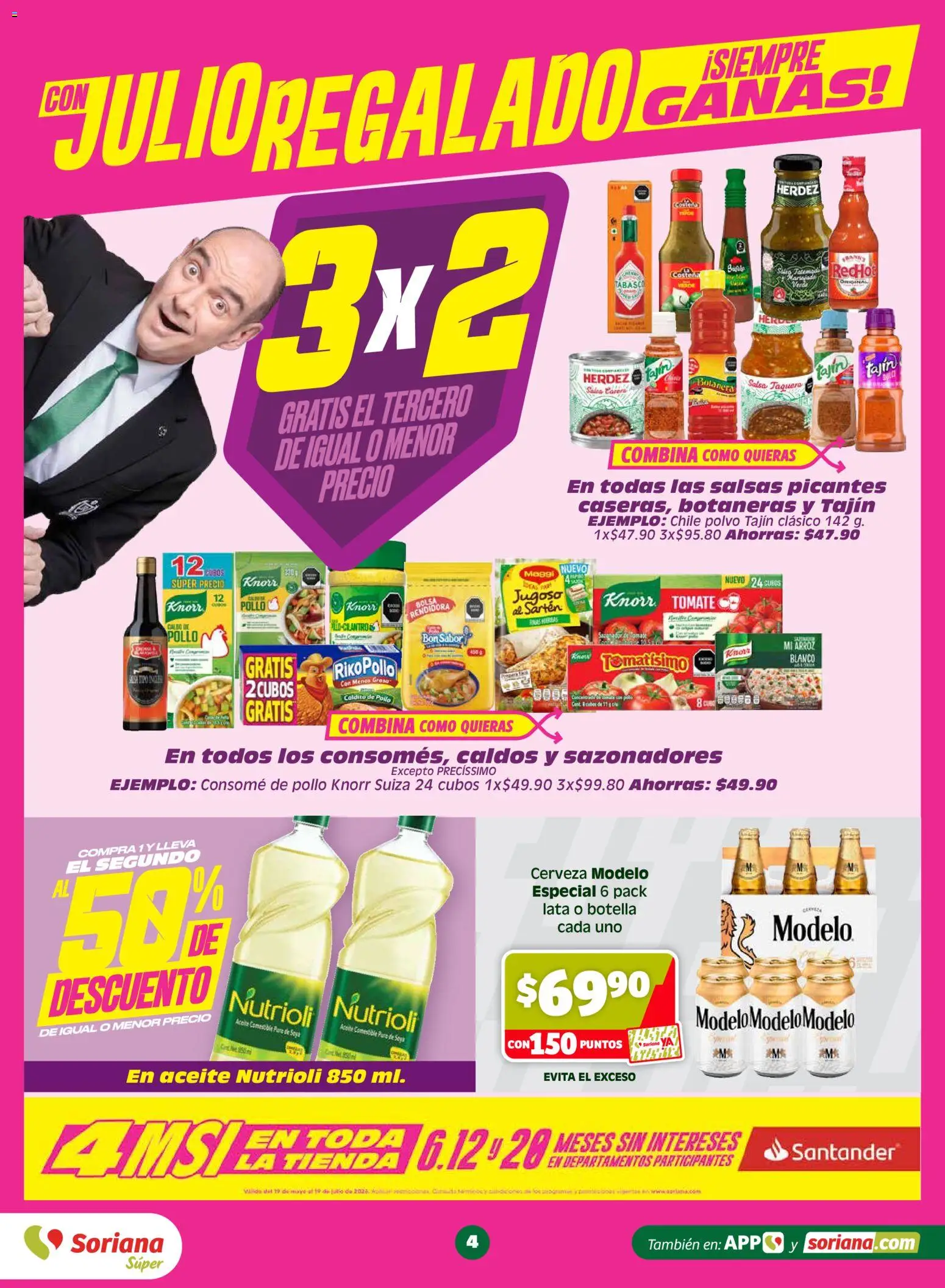 Nuevas ofertas de Soriana válidas en toda la República Mexicana desde el 05.06.2026. ¡Encuentra las mejores ofertas en Soriana Julio Regalado Súper Nacional! | Página: 4 | Productos: Pollo, Arroz, Botella, Sartén
