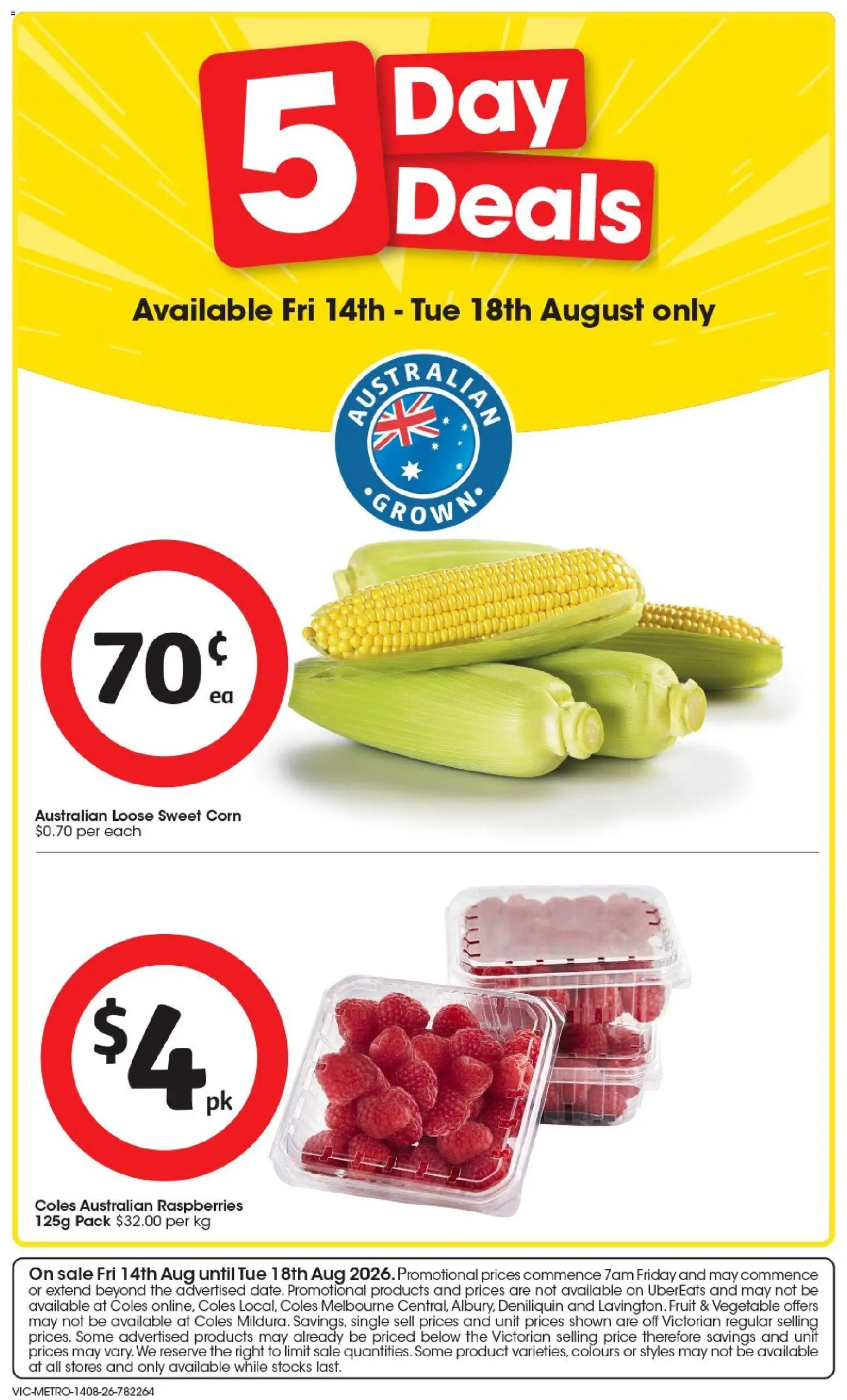 Coles catalogue - valid from 14/08/2026 | Page: 1 | Products: Corn, Fruit, Raspberries