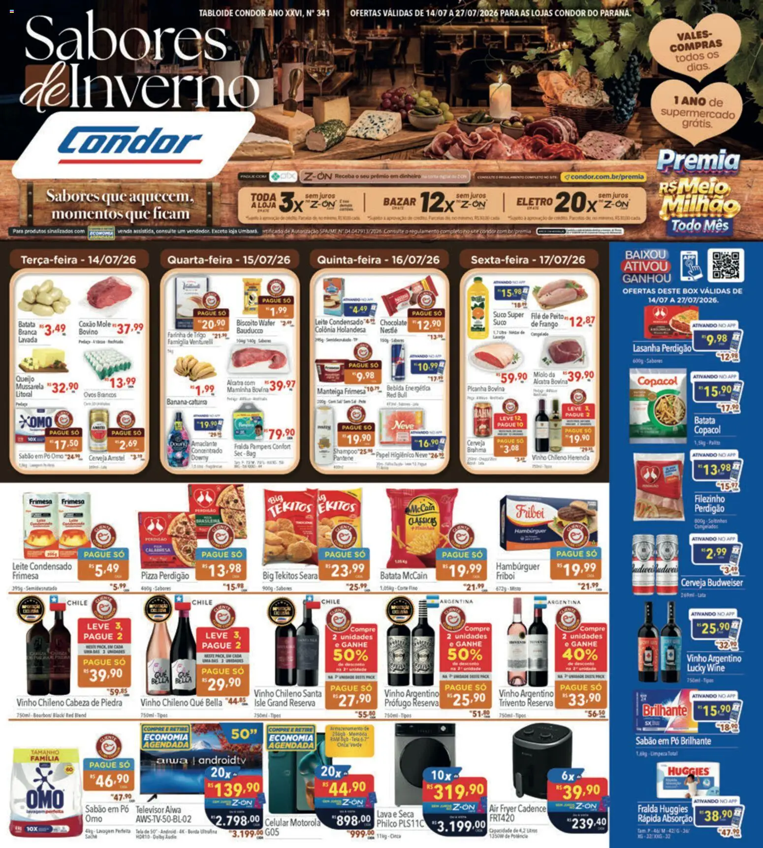 Supermercados Condor Folheto - válido de 14/07/2026 | Página: 1 | Produtos: Celular, Leite, Cerveja, Frango