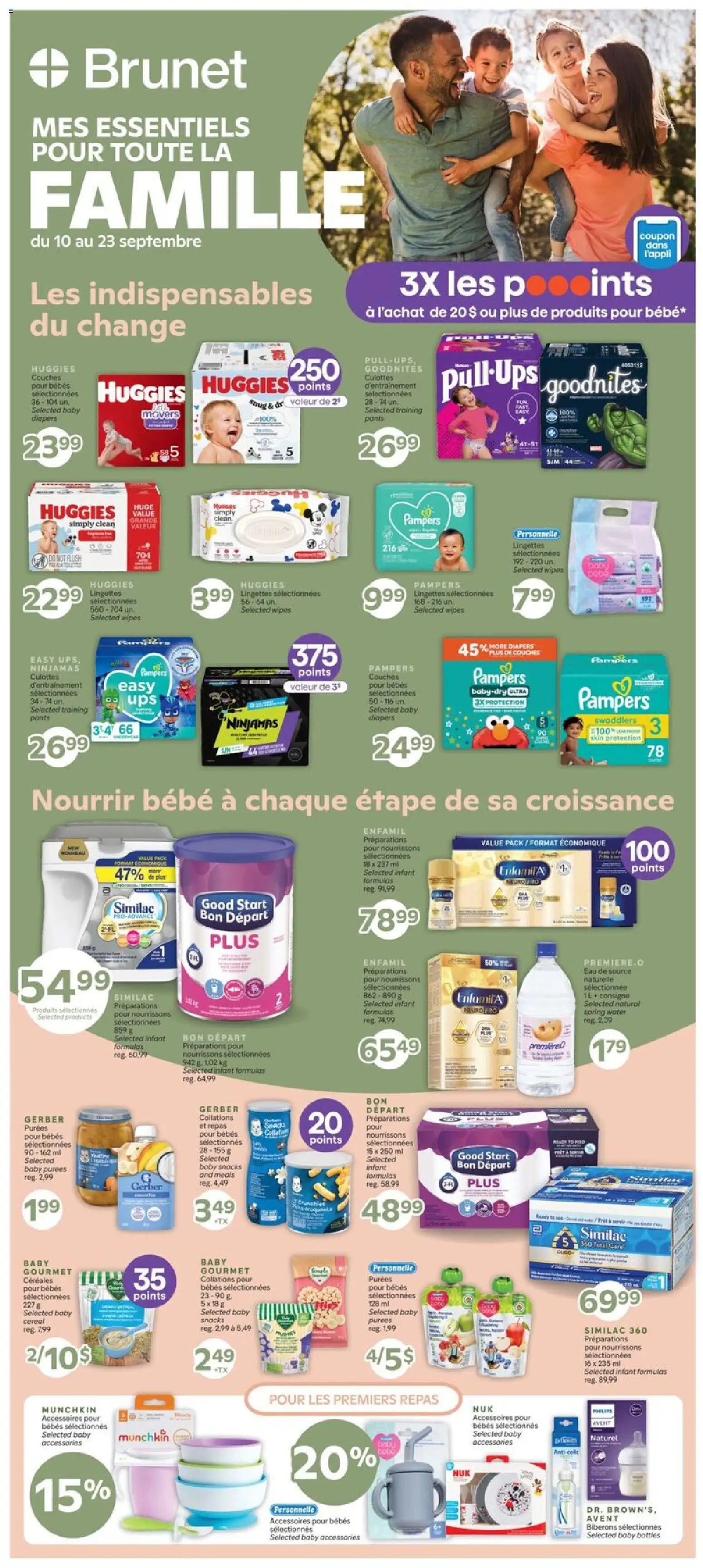 Brunet flyer valid from Sep 10, 2026 | Page: 1 | Products: Water, Baby snacks, Diapers, Snacks