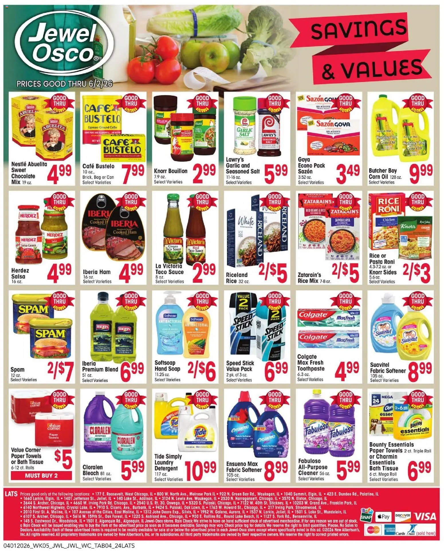 Jewel Osco Savings & Values - valid from 01.04.2026 | Page: 4 | Products: Oil, Chocolate, Soap, Toothpaste