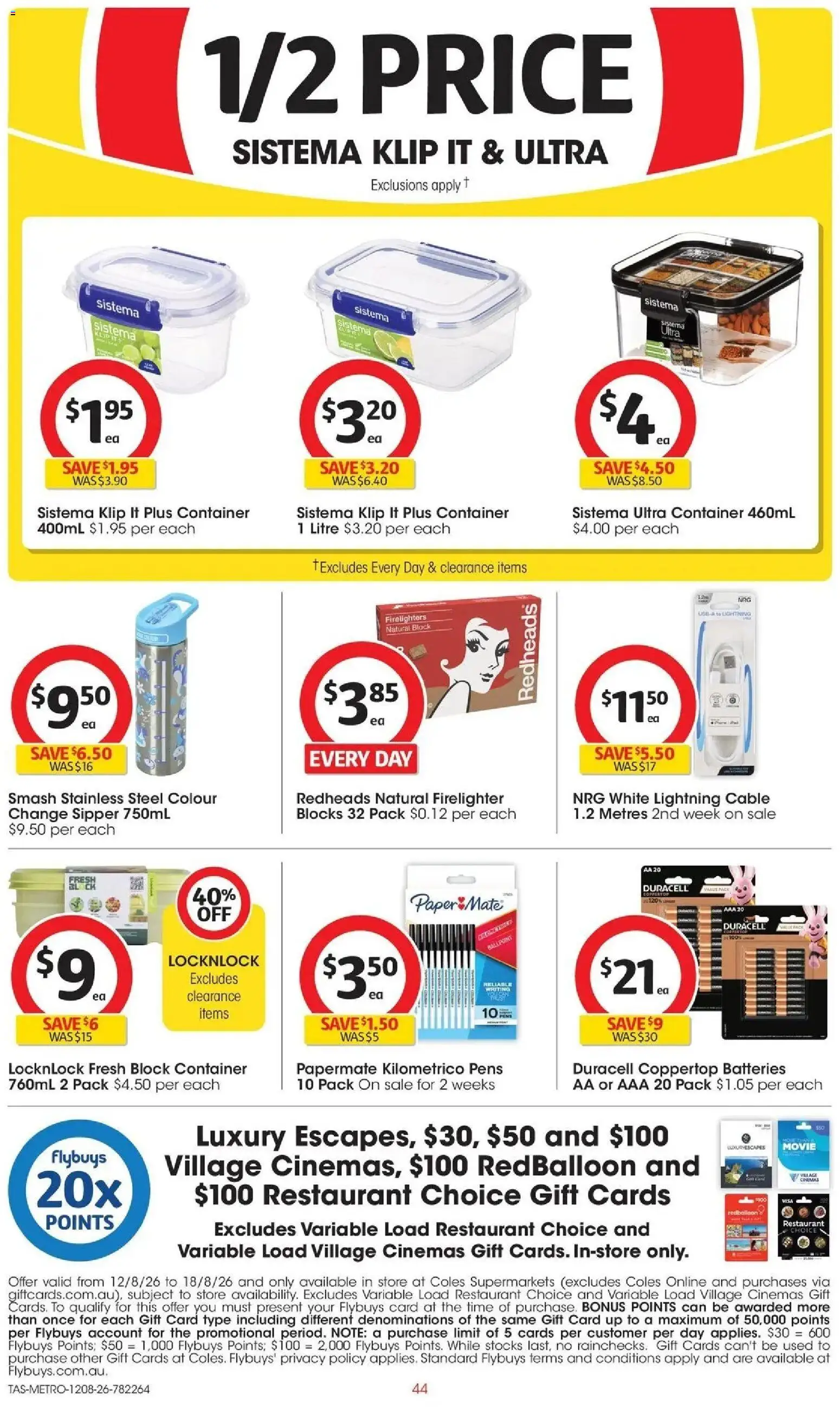 ﻿Coles catalogue valid from 12/08/2026 > Online Australia | Page: 44 | Products: Food, Batteries, Cable
