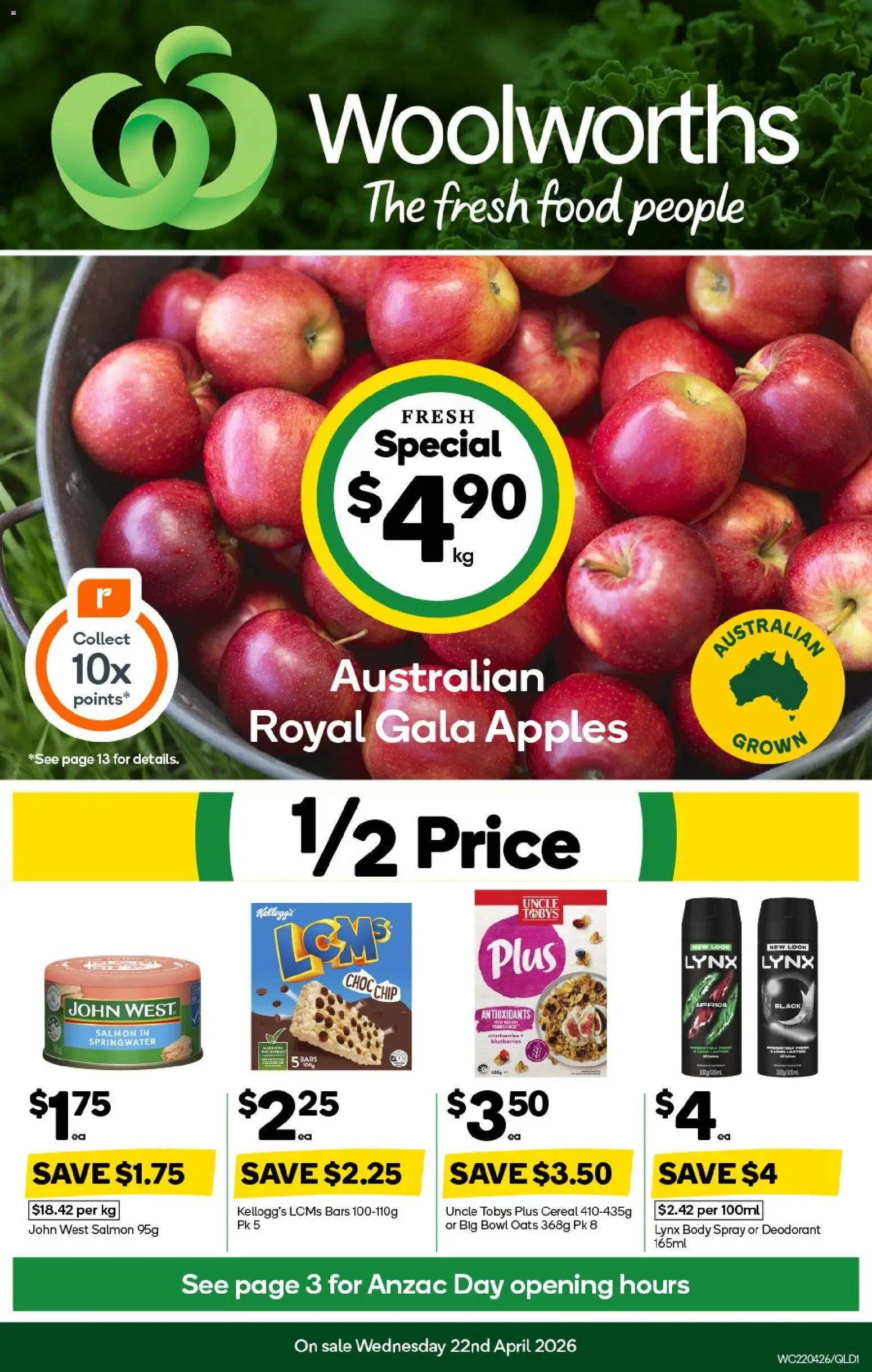Woolworths catalogue - valid from 22.04.2026 | Page: 1 | Products: Deodorant, Oats, Cereal, Salmon