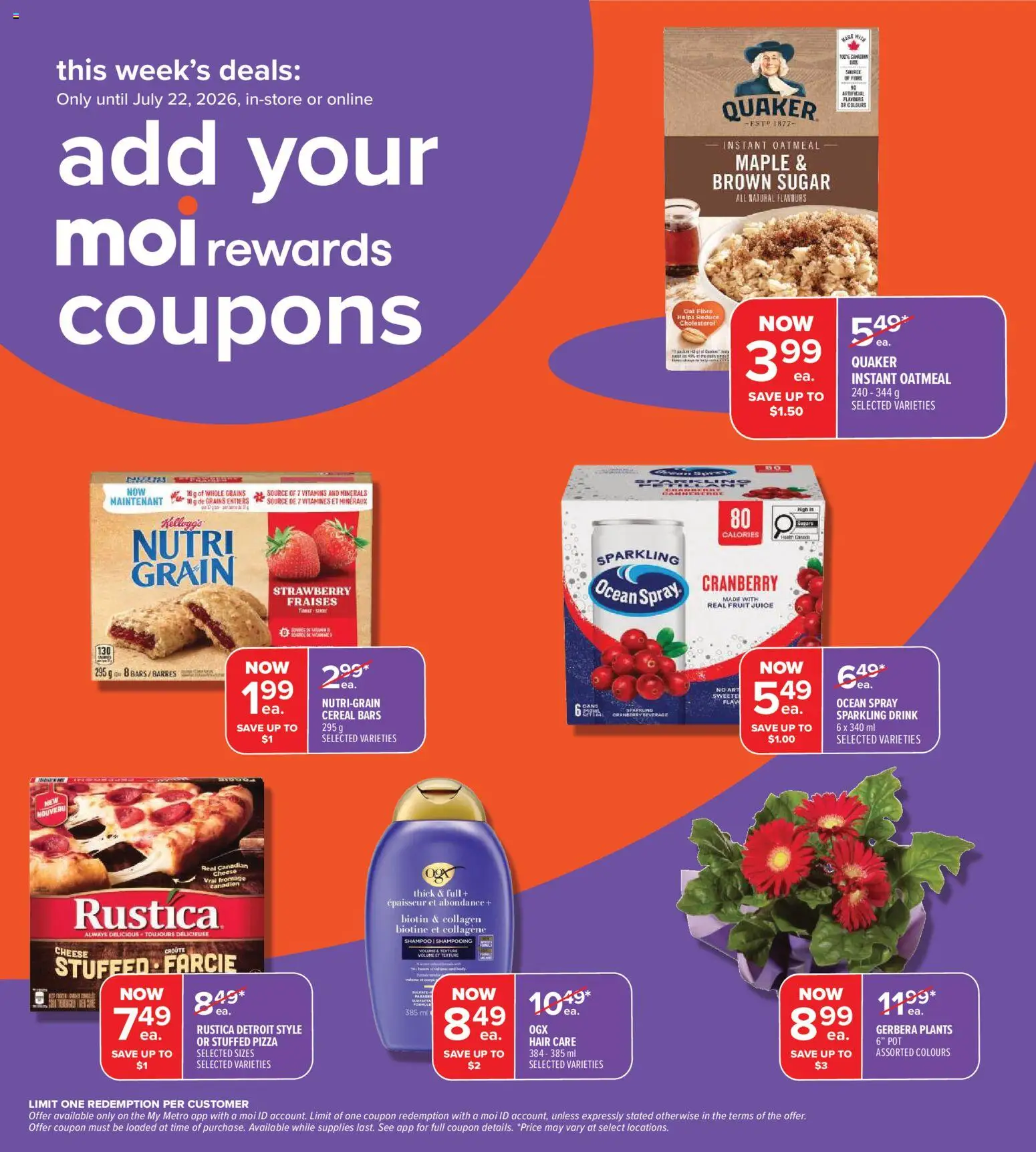 Metro flyer valid from Jul 16, 2026 | Page: 4 | Products: Shampoo, Cheese, Pizza, Juice