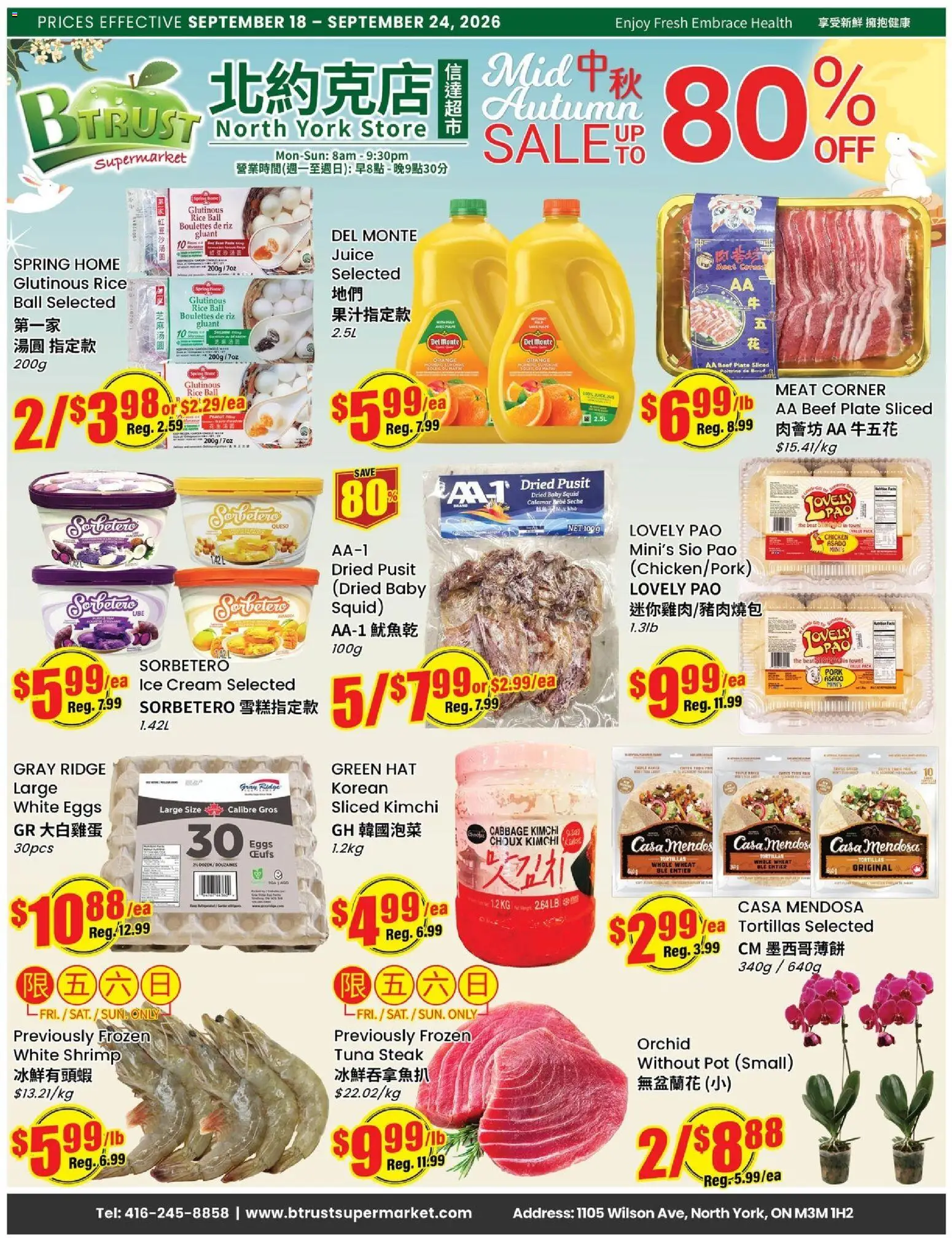 Btrust Supermarket flyer valid from Sep 18, 2026 | Page: 1 | Products: Tortillas, Tuna steak, Steak, Kimchi