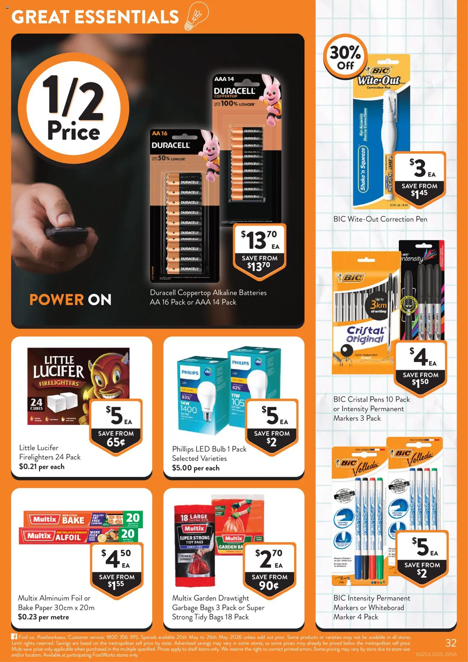 Foodworks catalogue - valid from 20.05.2026 | Page: 32 | Products: Shelf, Garbage bags, Bulb, Batteries