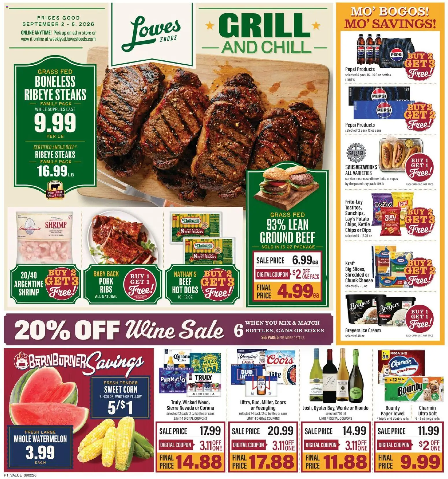 Lowes Foods Weekly Ad - valid from 09/02/2026 | Page: 1 | Products: Ice cream, Ground beef, Hot Dogs, Pepsi