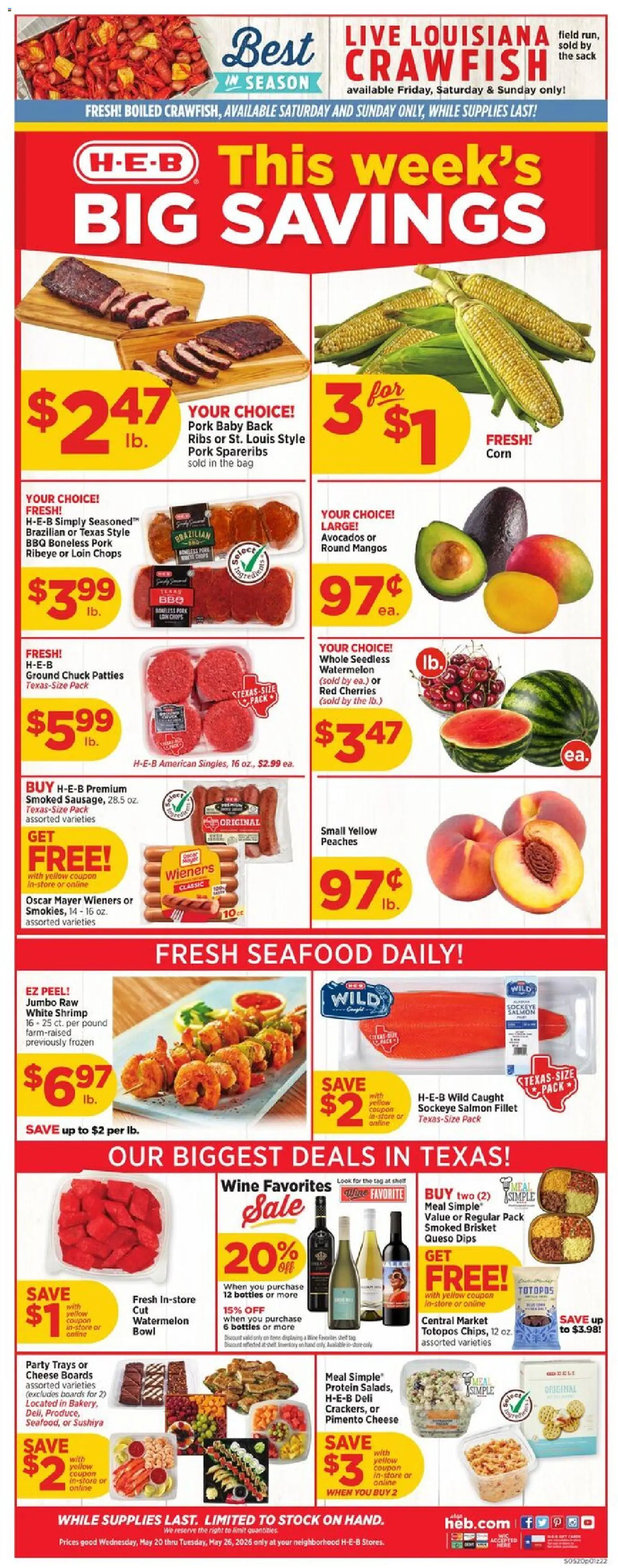 H-E-B Weekly Ad - valid from 20.05.2026 | Page: 1 | Products: Cherries, Peaches, Seafood, Watermelon