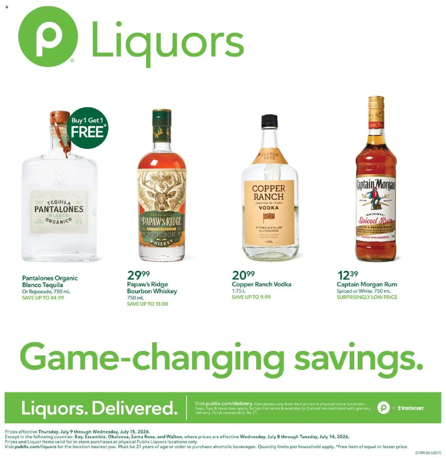 Publix Liquor Ad - valid from 07/09/2026 | Page: 1 | Products: Ridge, Bourbon, Vodka, Whiskey