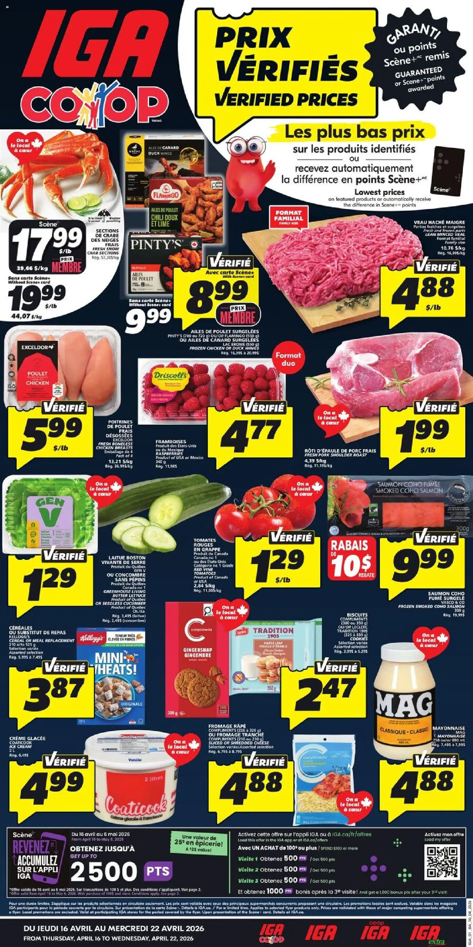 IGA flyer valid from 16.04.2026 | Page: 1 | Products: Ice cream, Cheese, Wine, Pork