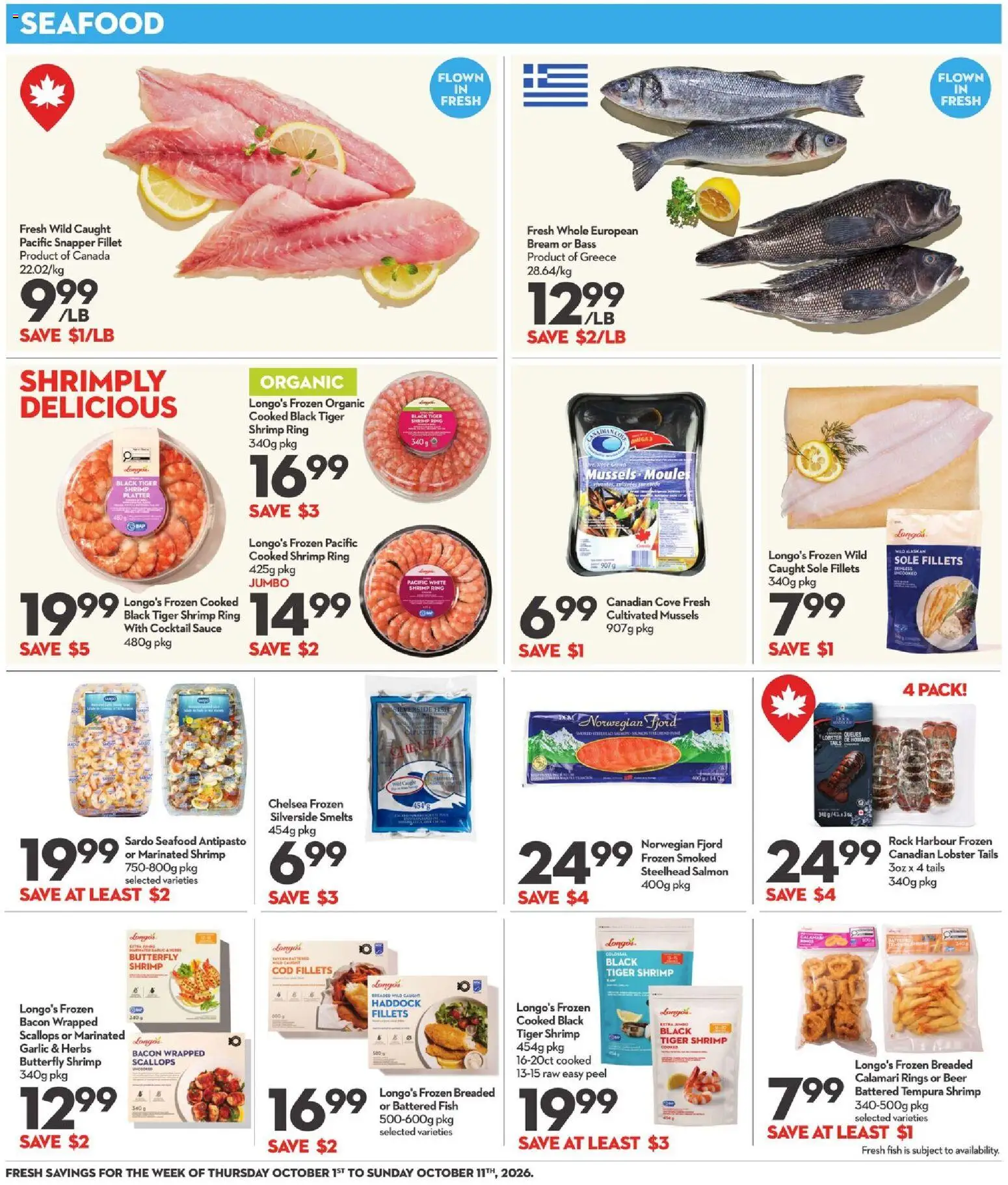 Longo's flyer valid from Oct 1, 2026 | Page: 8 | Products: Fillet, Shrimp, Omega 3, Omega