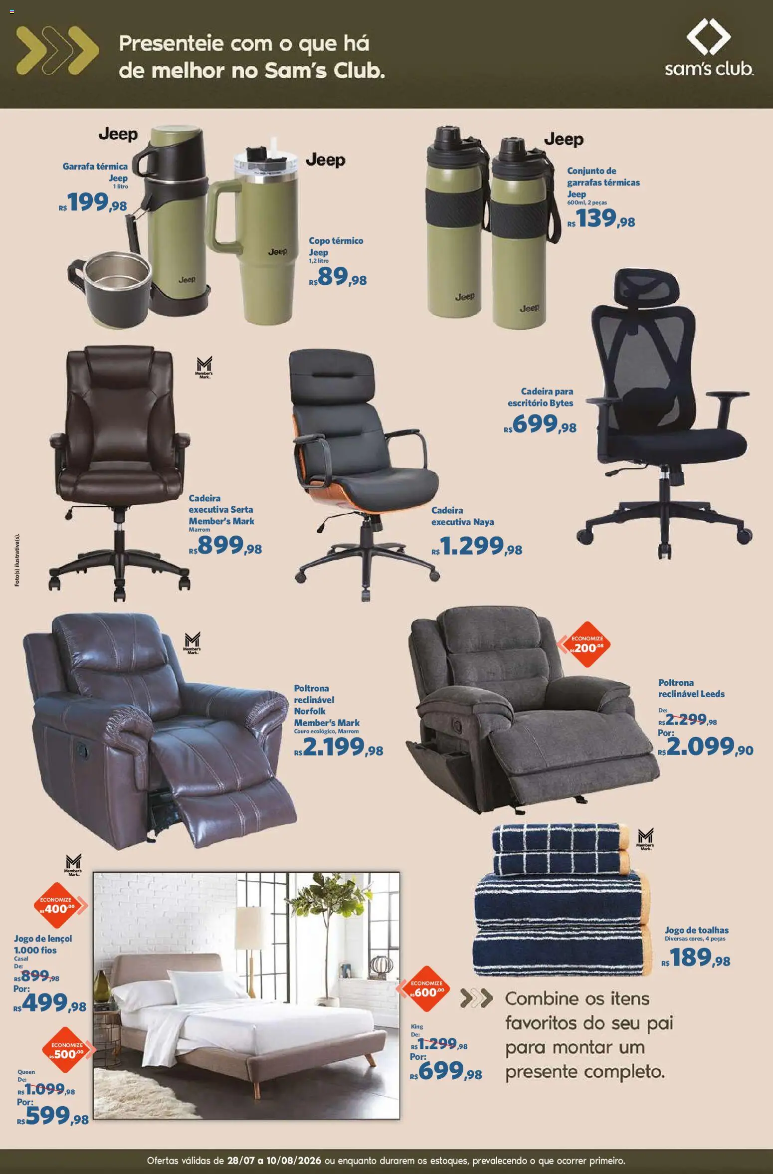 Sam's Club Folheto - válido de 28/07/2026 | Página: 9 | Produtos: Cadeira, Garrafa térmica, Poltrona, Lençol