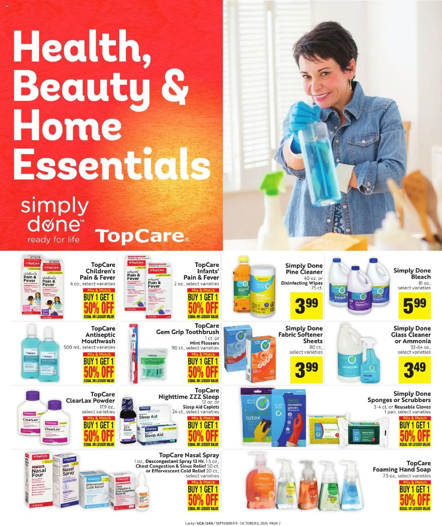 Lucky Supermarkets Ad - valid from 09/09/2026 | Page: 7 | Products: Soap, Mouthwash, Fabric softener, Sponges